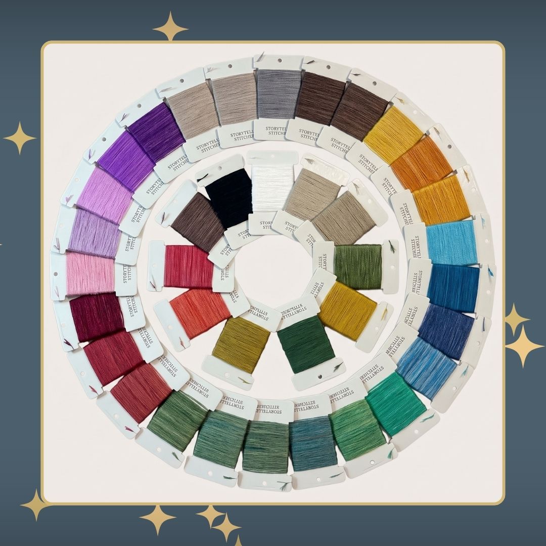 Lots of colorful wrapped bobbins of hand-dyed threads, arranged in a circle. 