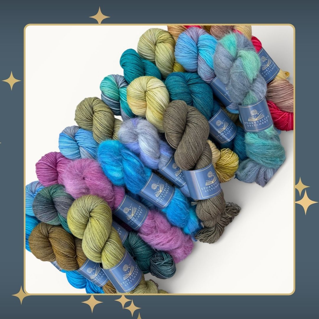 Lots of skeins of colorful hand-dyed yarn