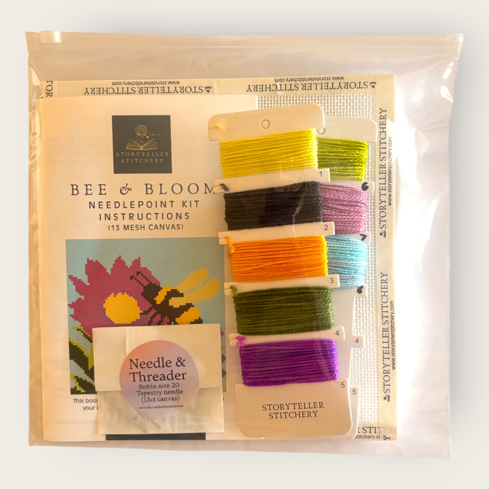 Bee & Bloom Needlepoint Kit — 13-ct Printed Canvas, Hand-Dyed Wool-Silk Thread