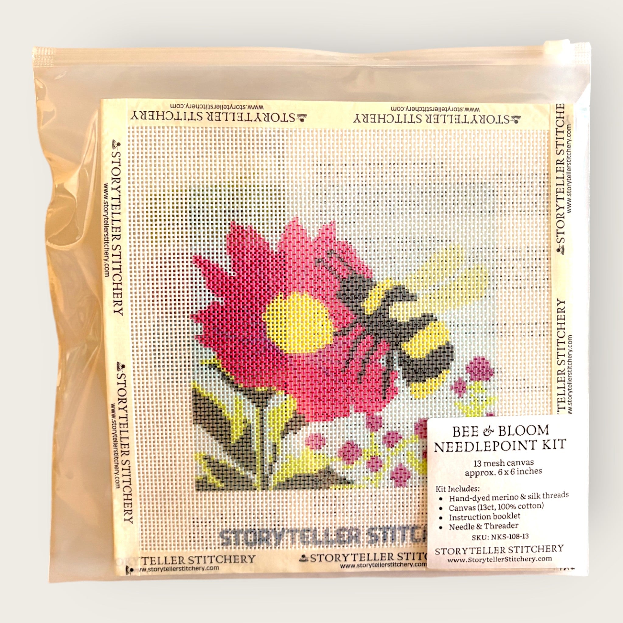 Bee & Bloom Needlepoint Kit — 13-ct Printed Canvas, Hand-Dyed Wool-Silk Thread