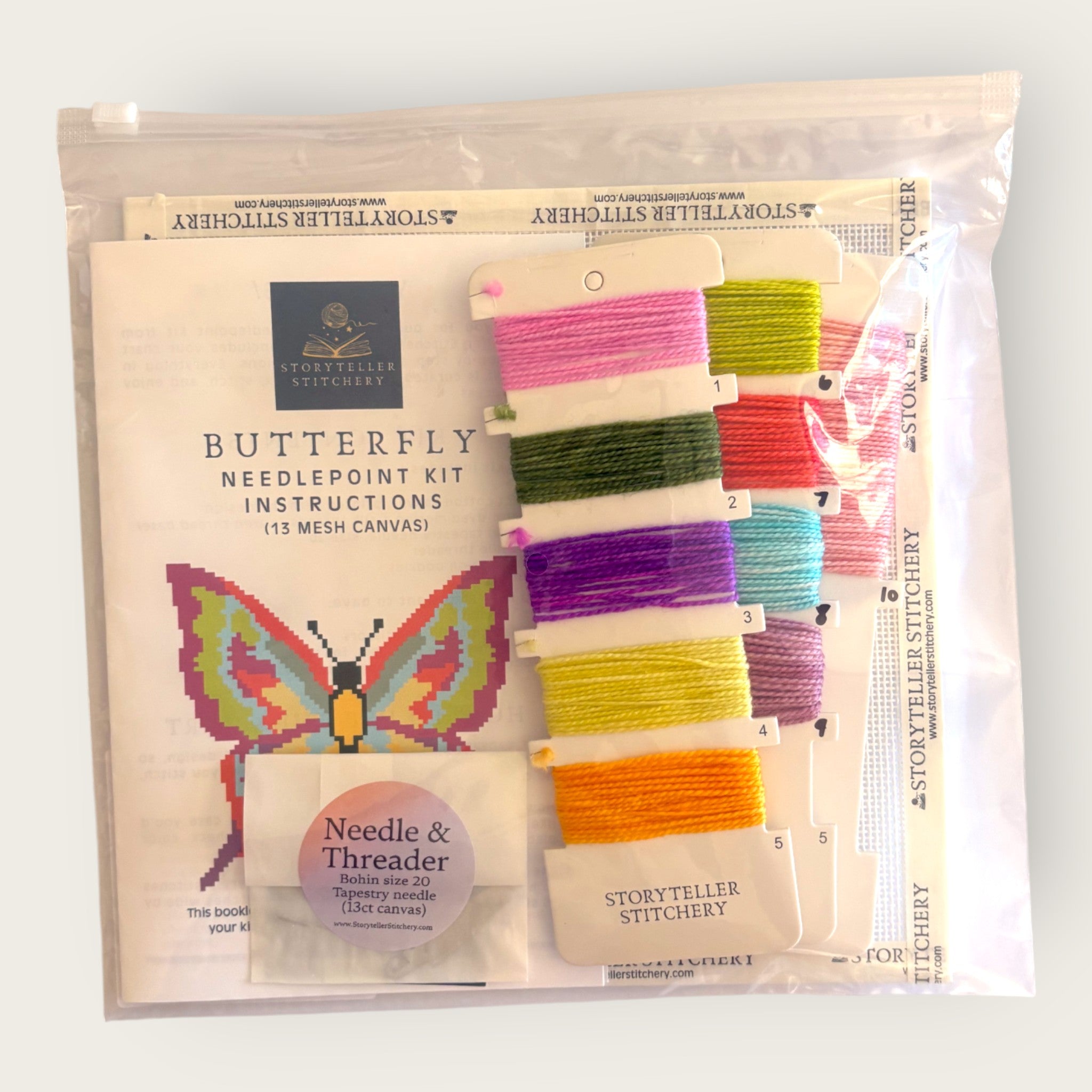 Butterfly Needlepoint Kit — 13-ct Printed Canvas, Hand-Dyed Wool-Silk Thread
