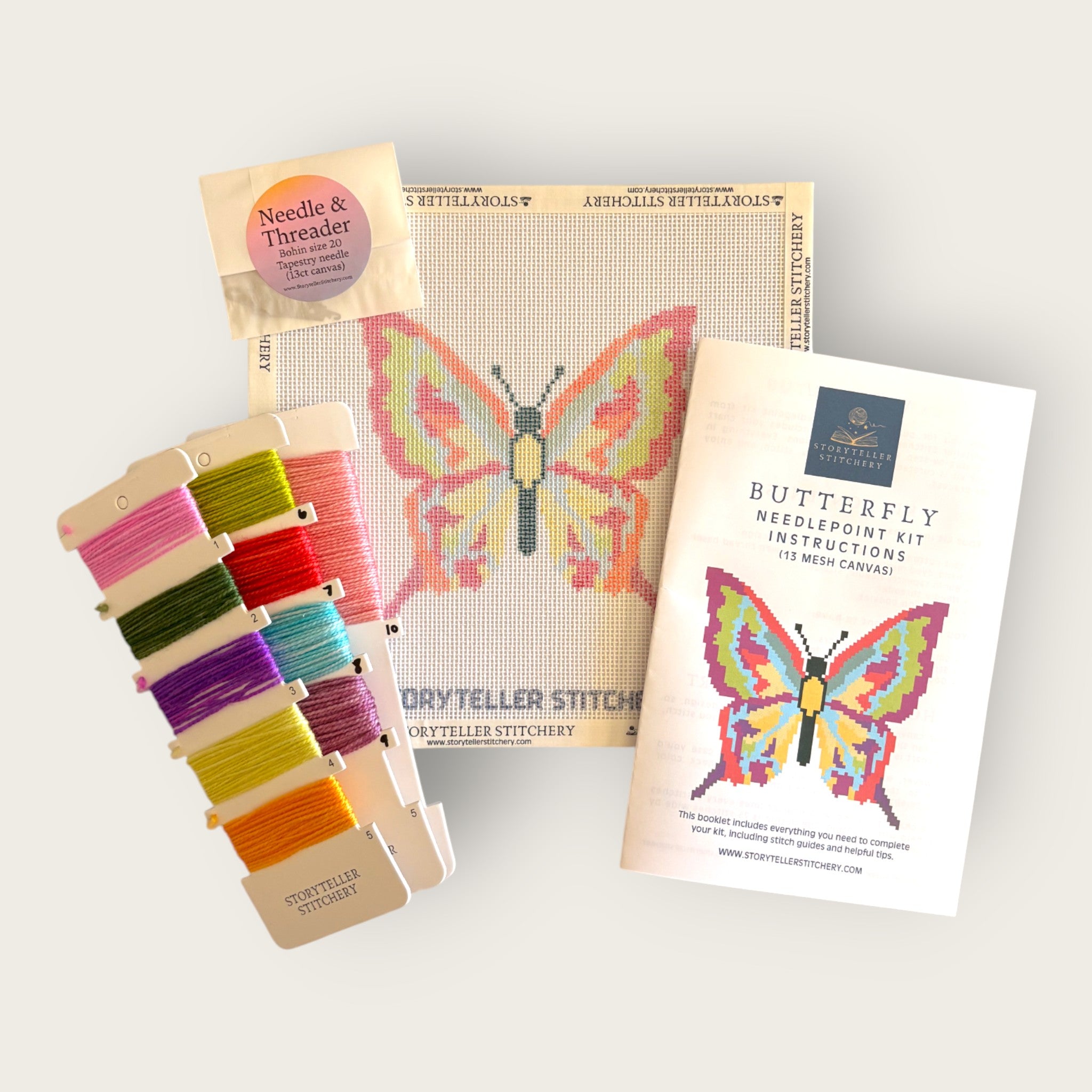 Butterfly Needlepoint Kit — 13-ct Printed Canvas, Hand-Dyed Wool-Silk Thread