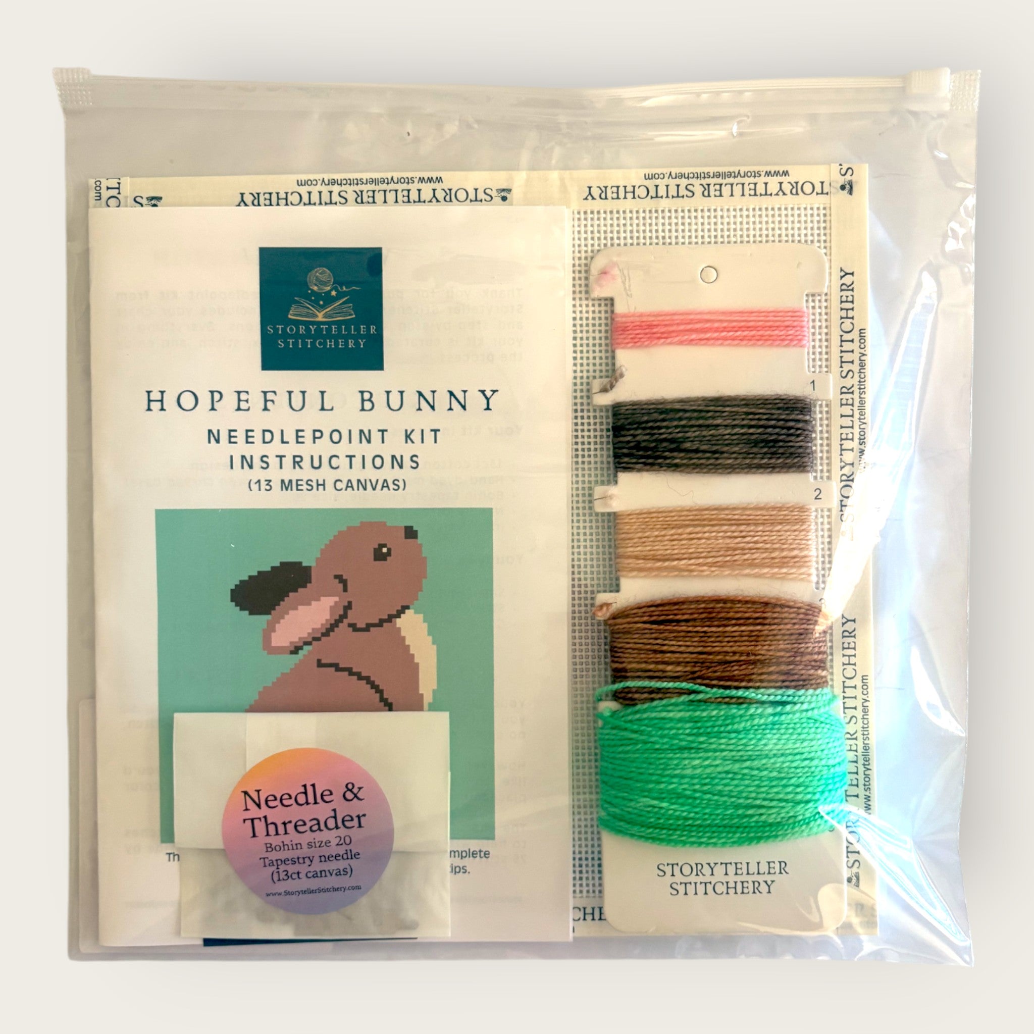 Hopeful Bunny Needlepoint Kit — 13-ct Printed Canvas, Hand-Dyed Wool-Silk Thread
