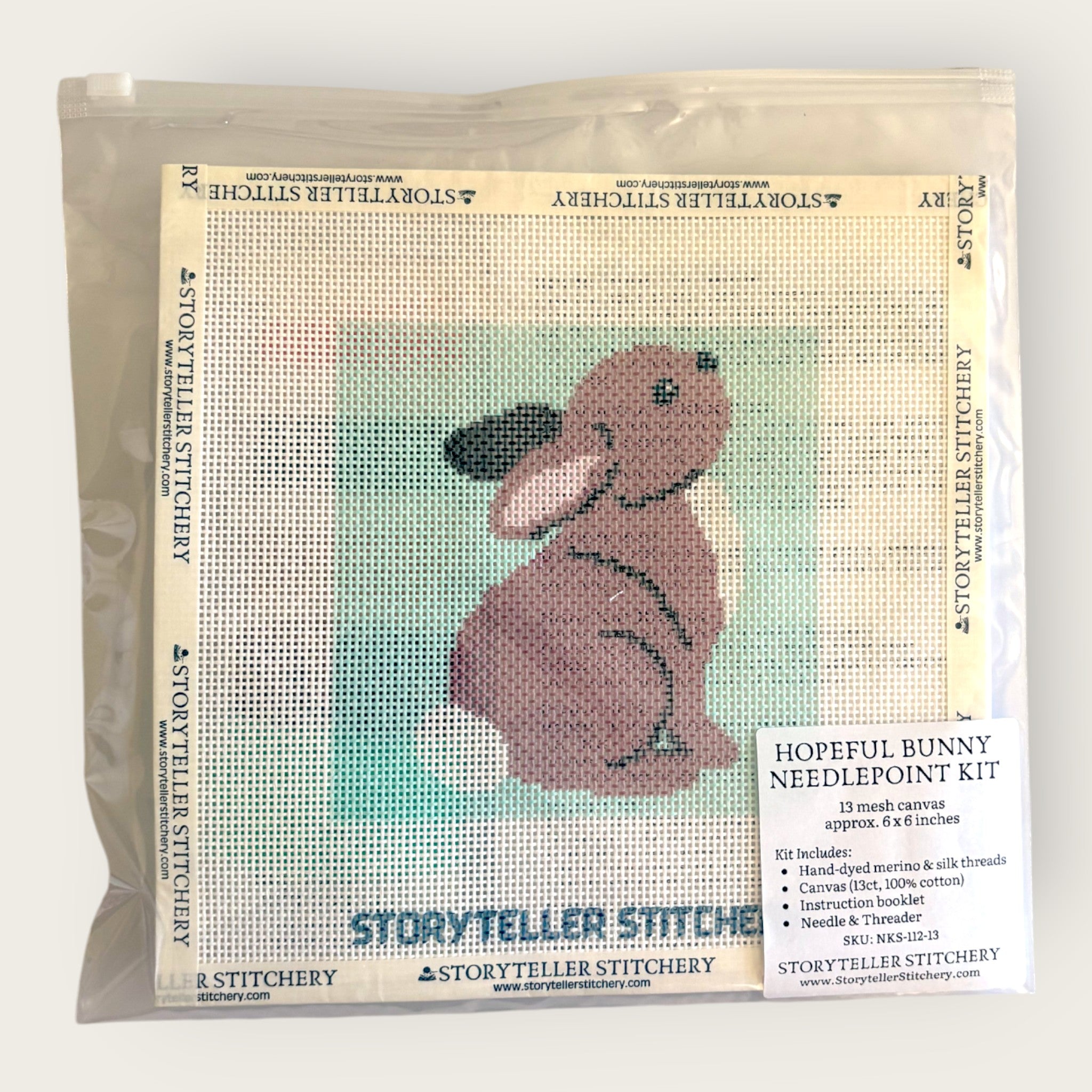 Hopeful Bunny Needlepoint Kit — 13-ct Printed Canvas, Hand-Dyed Wool-Silk Thread