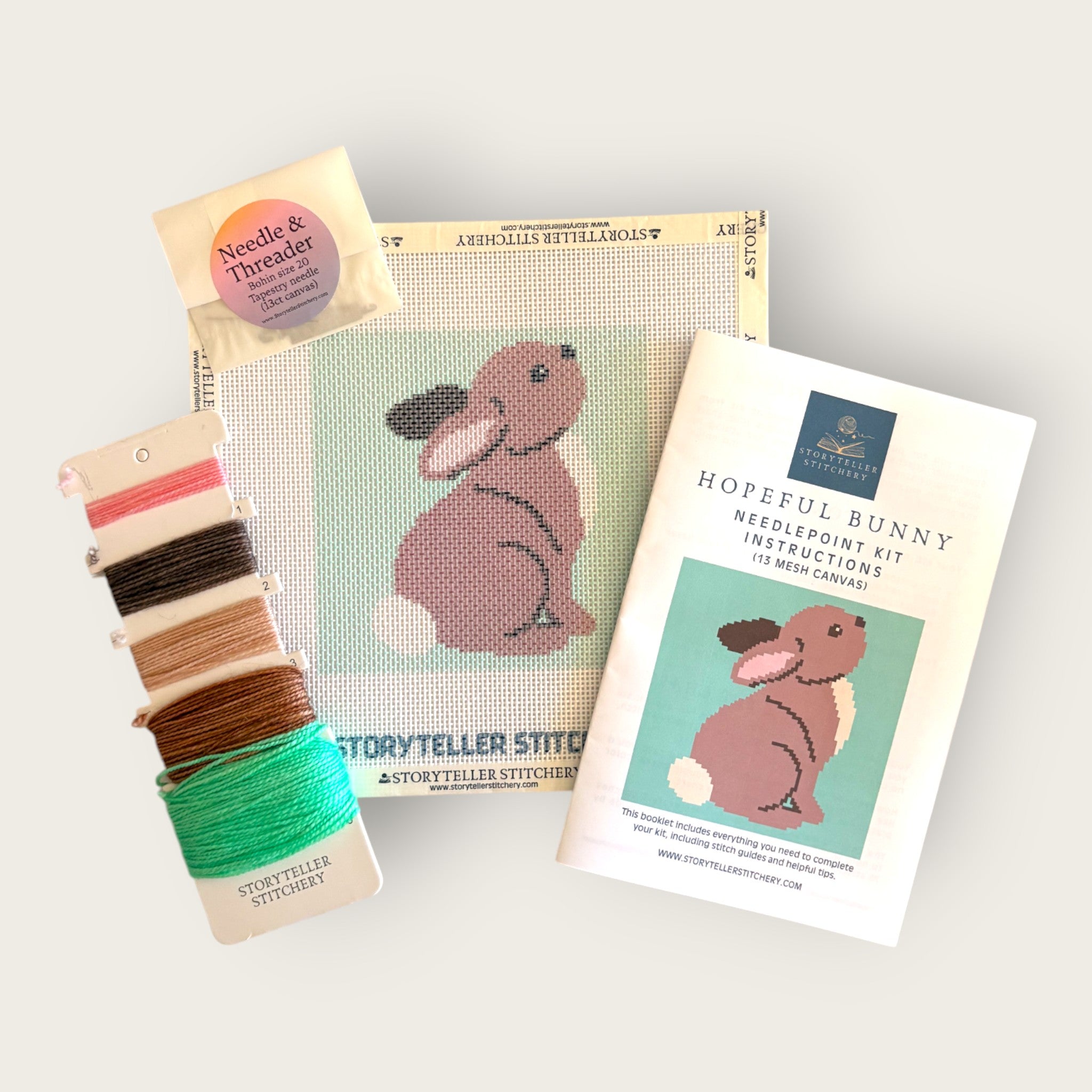 Hopeful Bunny Needlepoint Kit — 13-ct Printed Canvas, Hand-Dyed Wool-Silk Thread