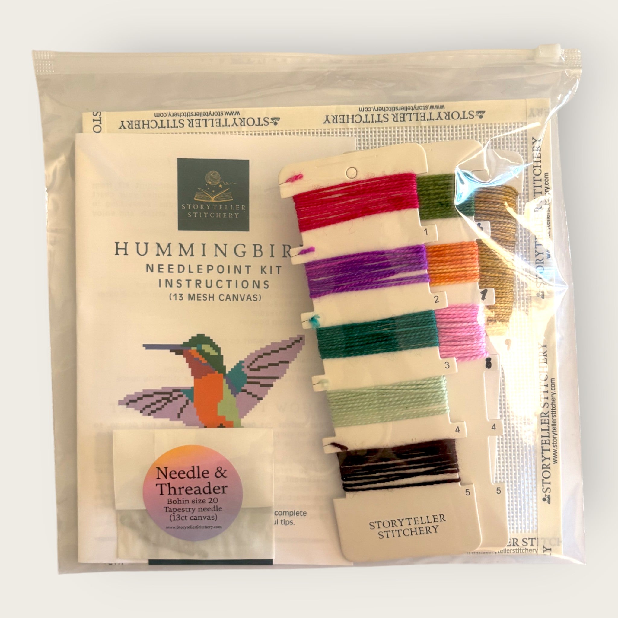 Hummingbird Needlepoint Kit — 13-ct Printed Canvas, Hand-Dyed Wool-Silk Thread