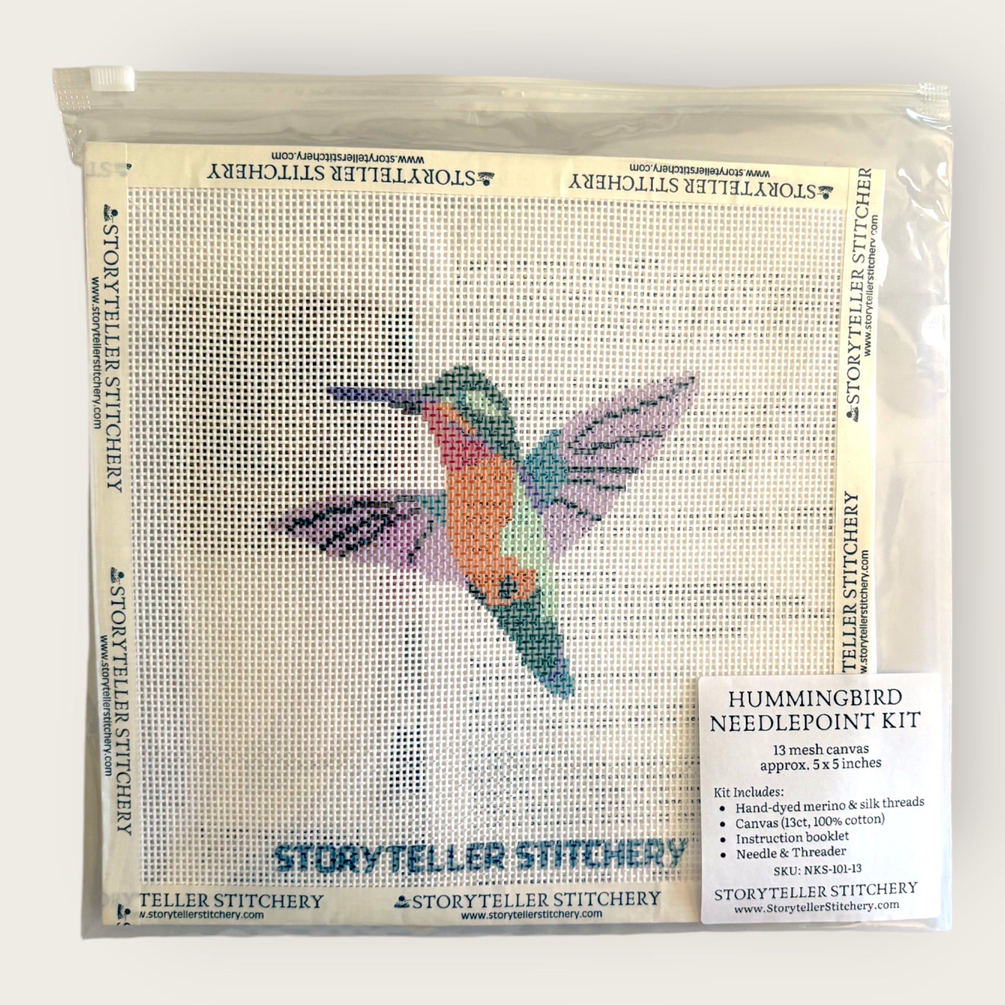 Hummingbird Needlepoint Kit — 13-ct Printed Canvas, Hand-Dyed Wool-Silk Thread