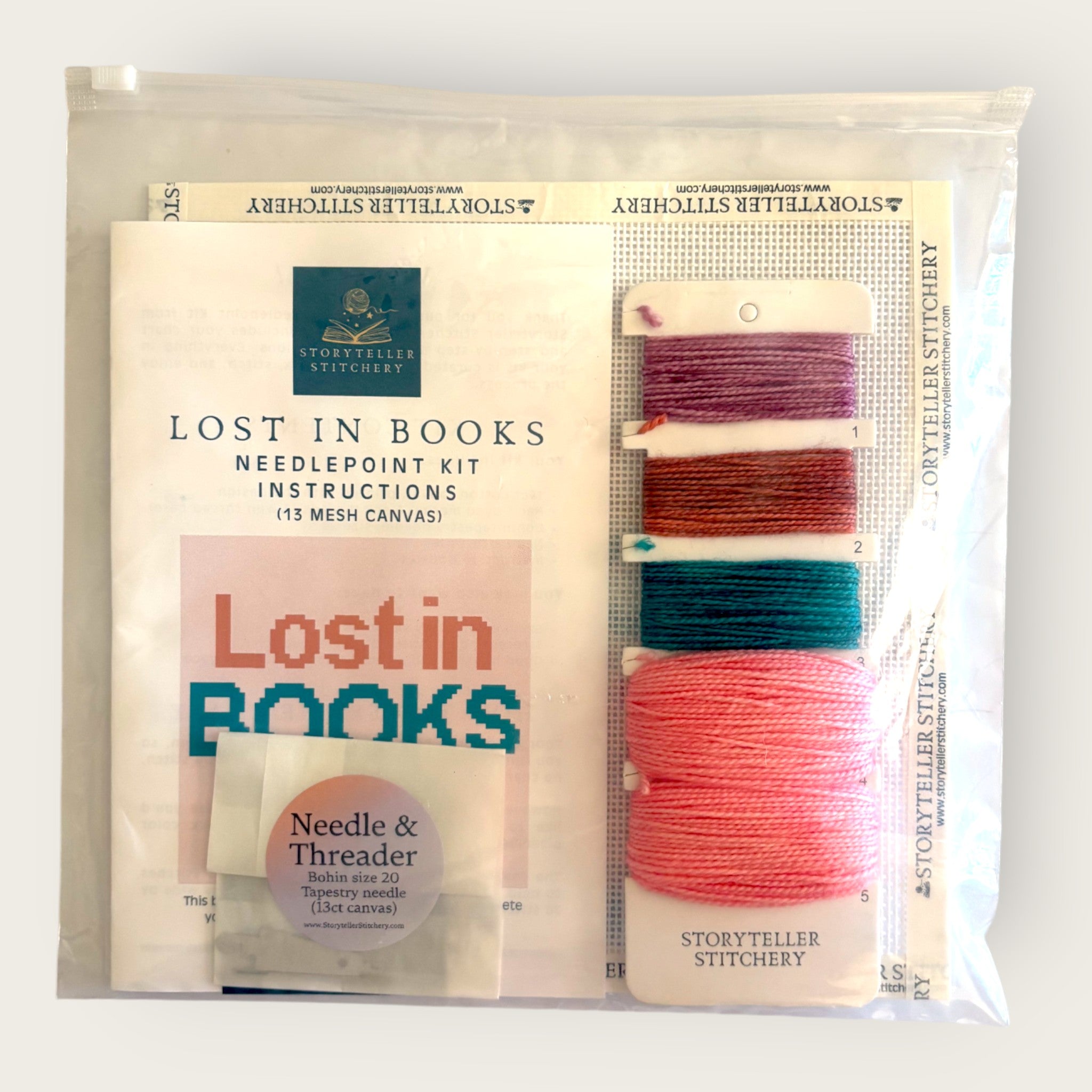 Lost in Books Needlepoint Kit — 13-ct Printed Canvas, Hand-Dyed Wool-Silk Thread