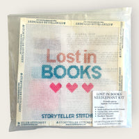 Lost in Books Needlepoint Kit — 13-ct Printed Canvas, Hand-Dyed Wool-Silk Thread