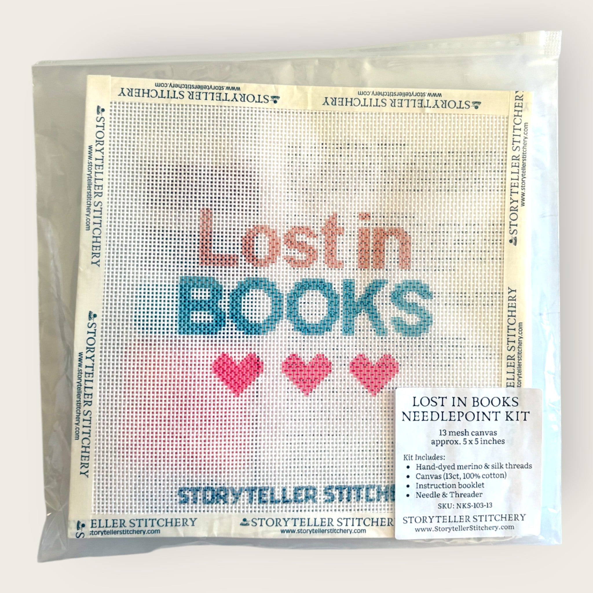 Lost in Books Needlepoint Kit — 13-ct Printed Canvas, Hand-Dyed Wool-Silk Thread