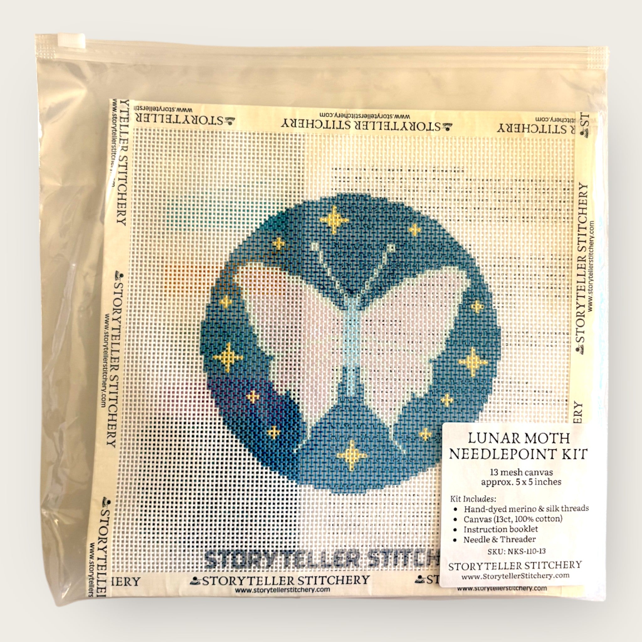 Lunar Moth Needlepoint Kit — 13-ct Printed Canvas, Hand-Dyed Wool-Silk Thread