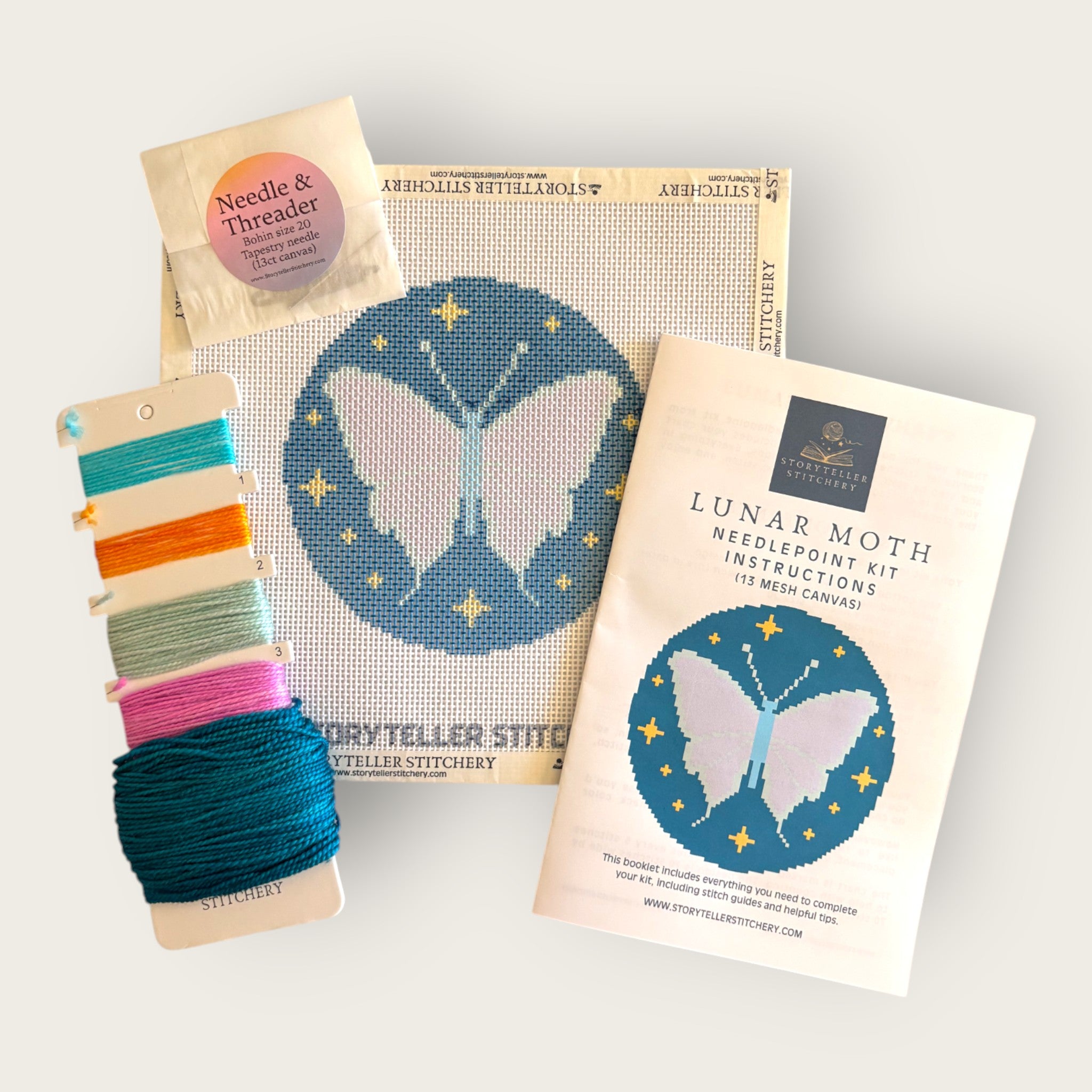 Lunar Moth Needlepoint Kit — 13-ct Printed Canvas, Hand-Dyed Wool-Silk Thread