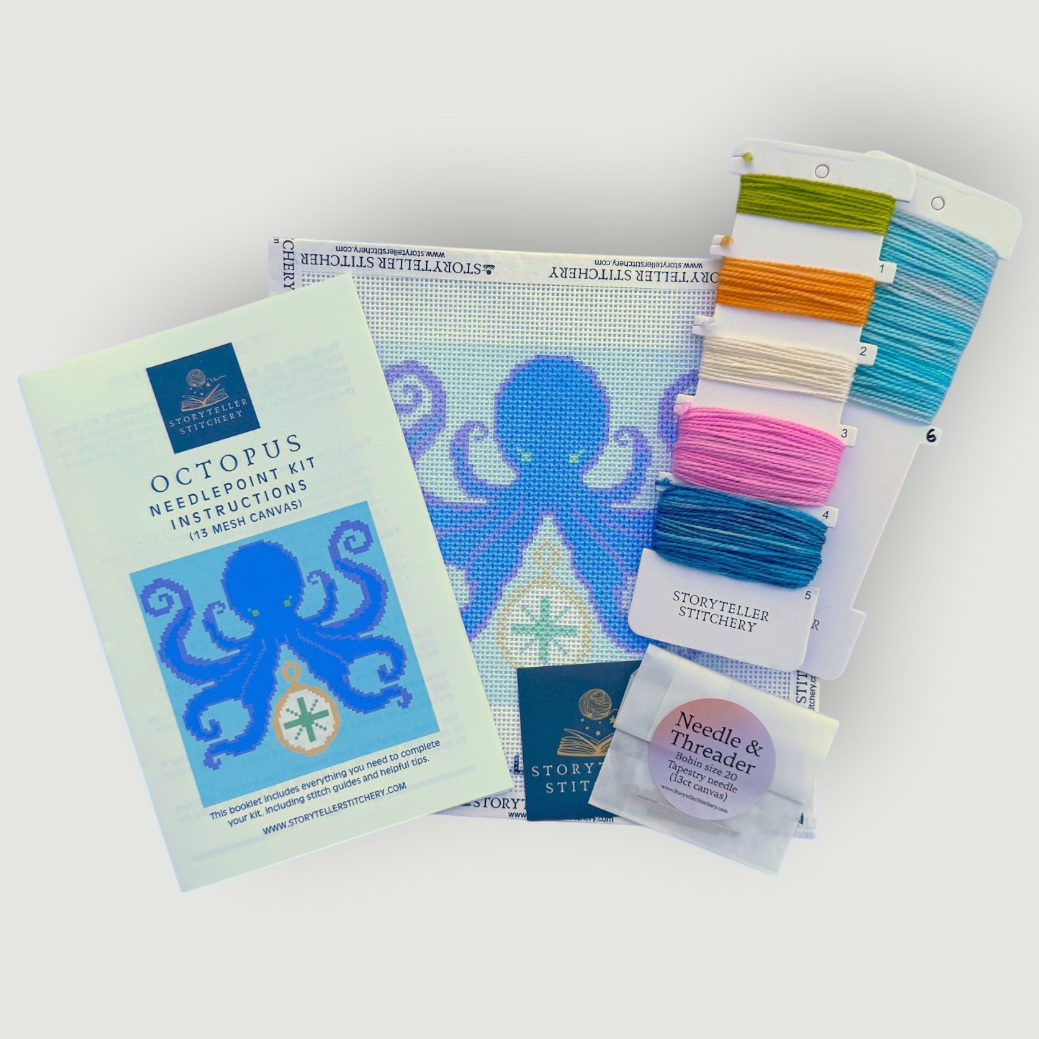 Octopus Needlepoint Kit — 13-ct Printed Canvas, Hand-Dyed Wool-Silk Thread