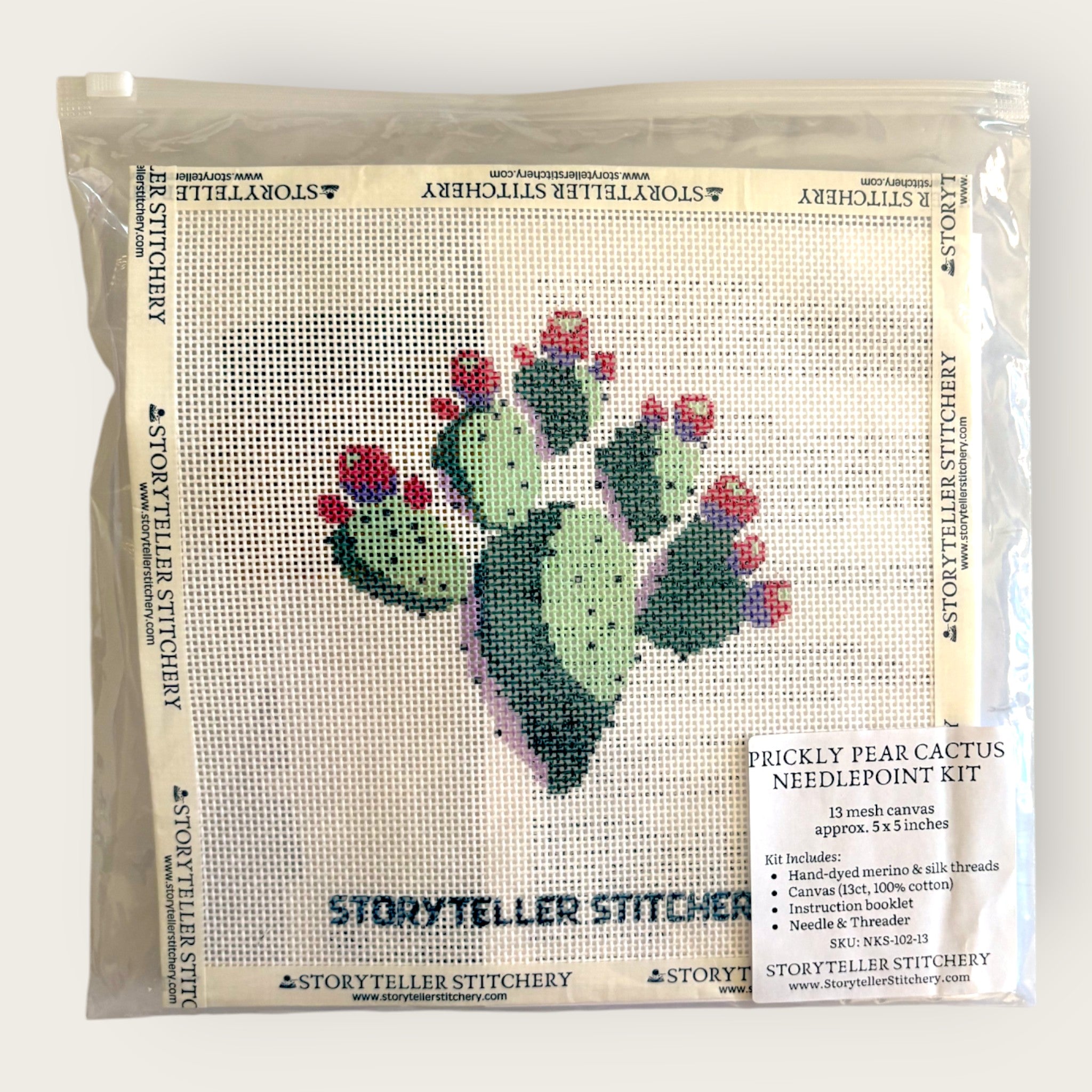 Prickly Pear Needlepoint Kit — 13-ct Printed Canvas, Hand-Dyed Wool-Silk Thread