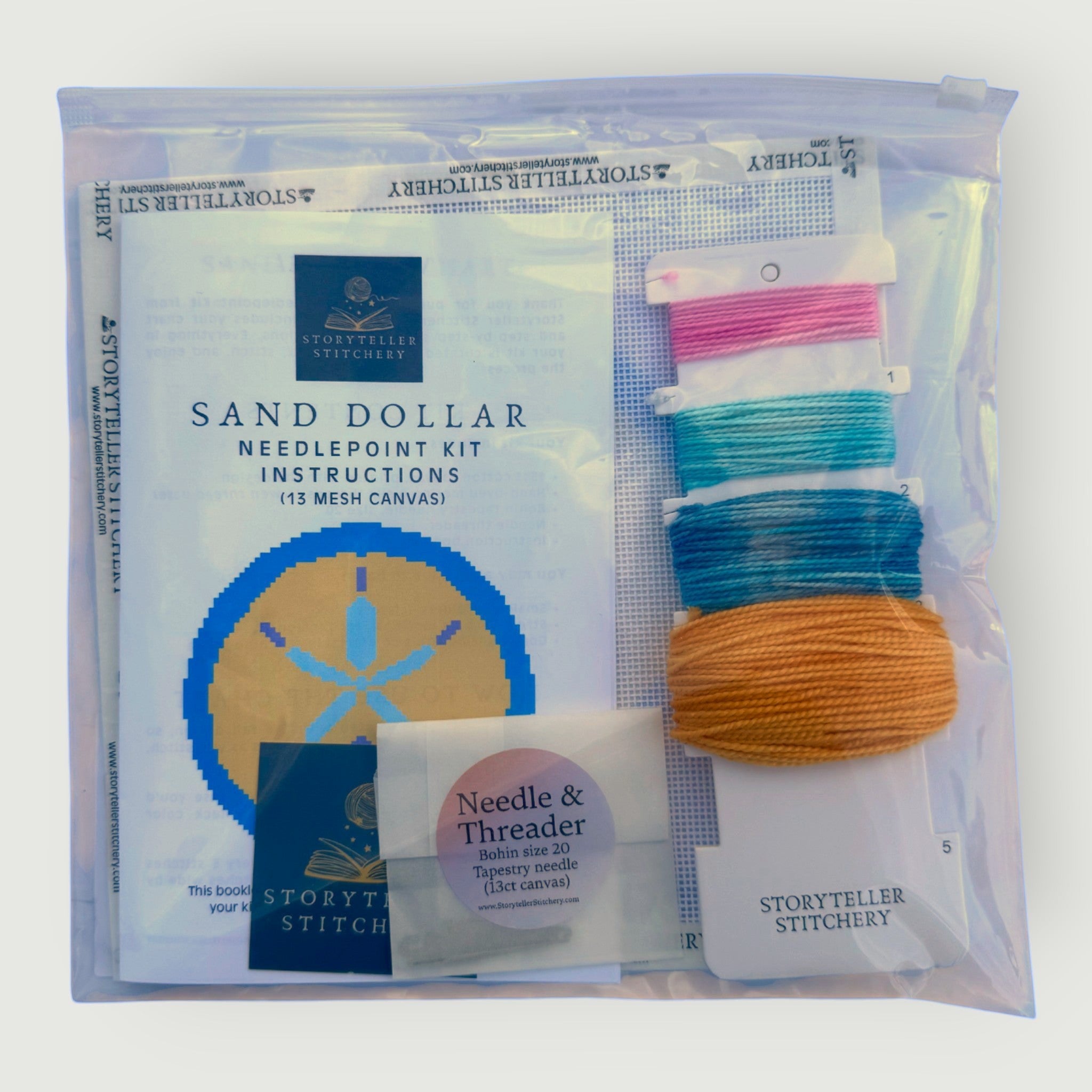 Sand Dollar Needlepoint Kit — 13-ct Printed Canvas, Hand-Dyed Wool-Silk Thread