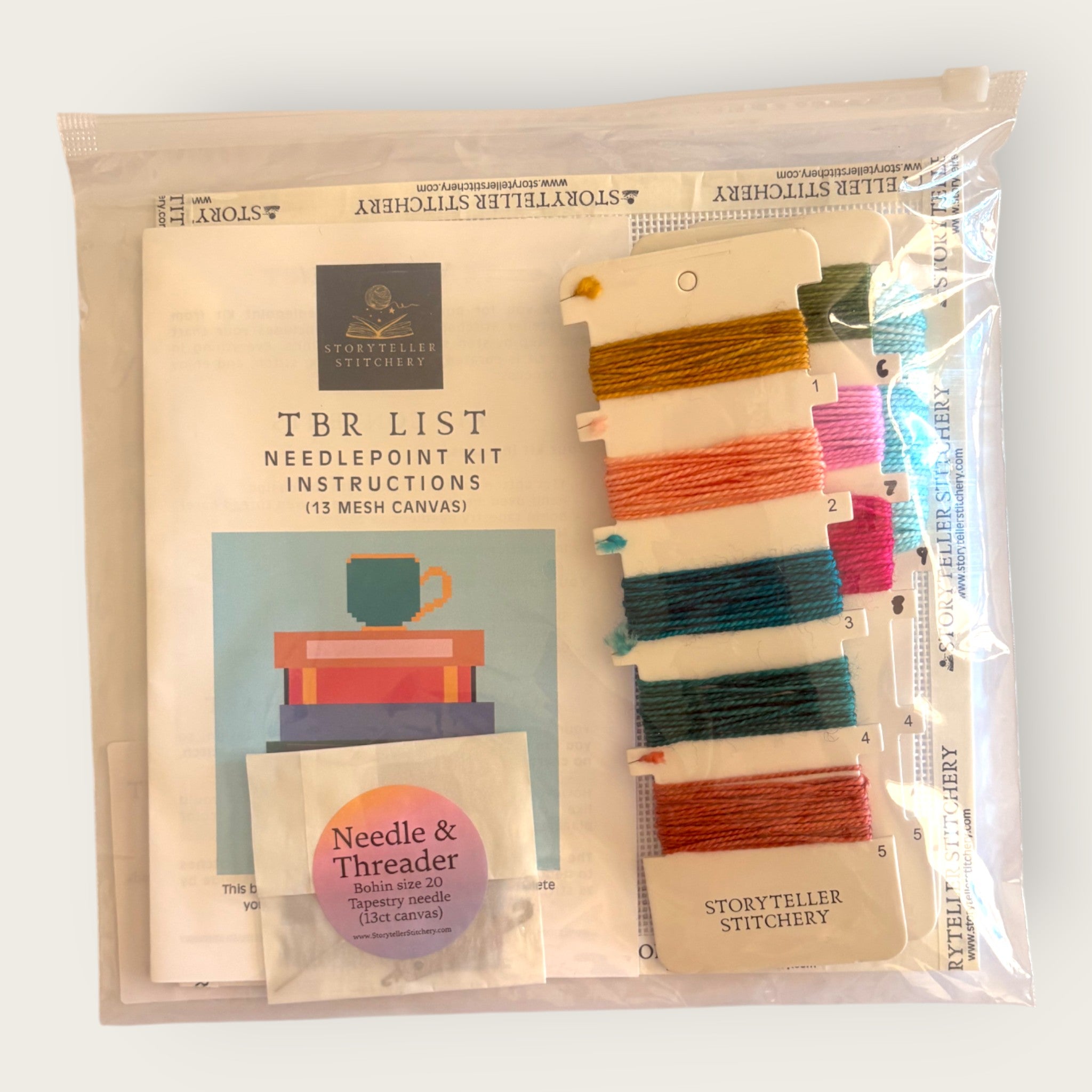 TBR List Needlepoint Kit — 13-ct Printed Canvas, Hand-Dyed Wool-Silk Thread