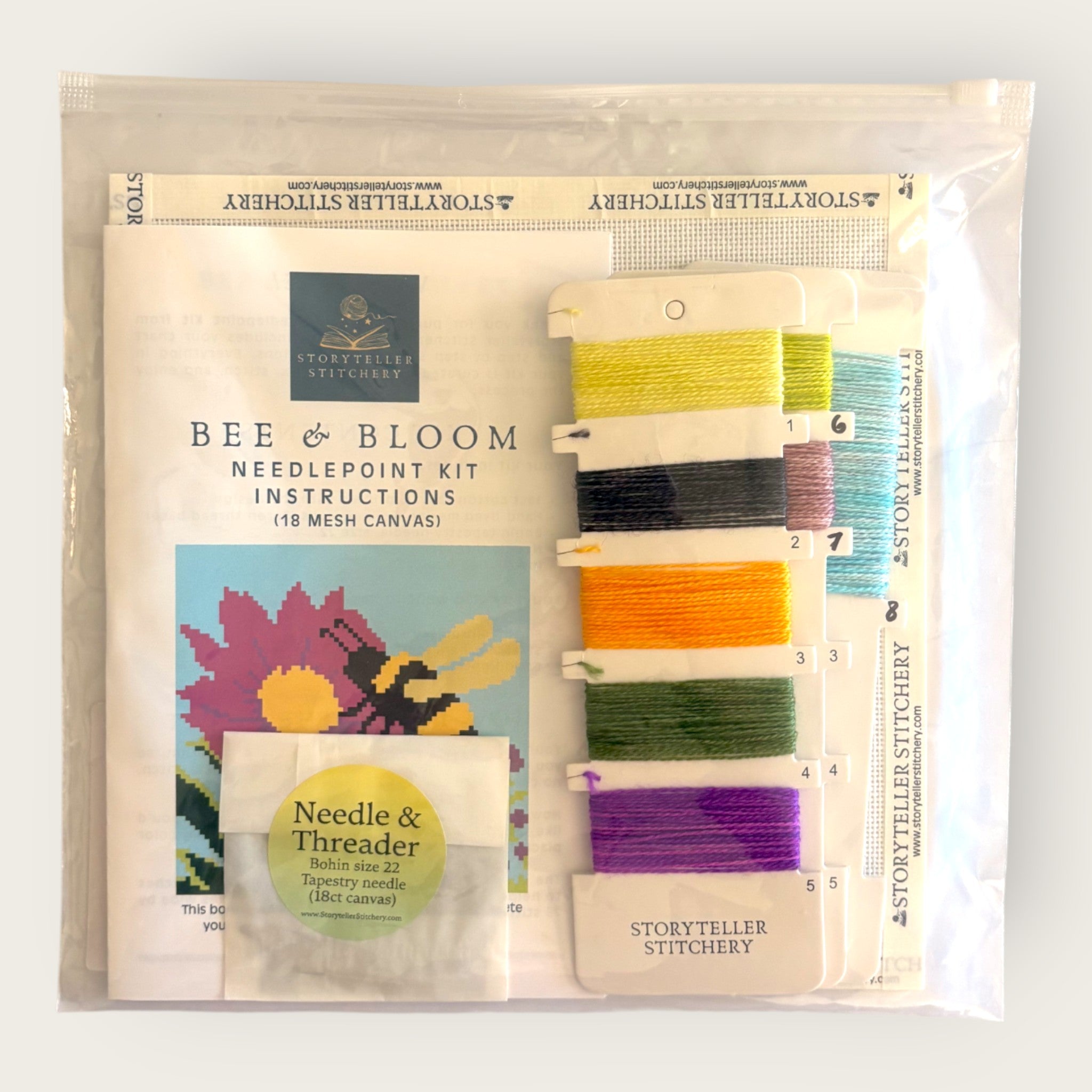 Bee & Bloom Needlepoint Kit — 18-ct Printed Canvas, Hand-Dyed Wool-Silk Thread