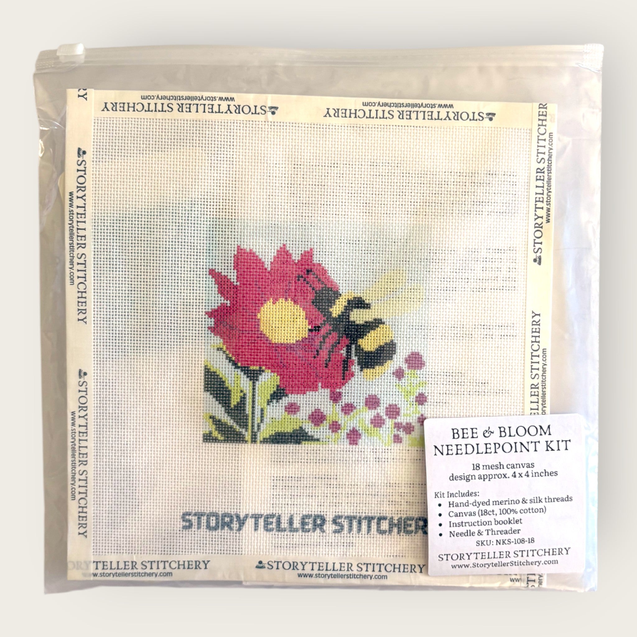 Bee & Bloom Needlepoint Kit — 18-ct Printed Canvas, Hand-Dyed Wool-Silk Thread