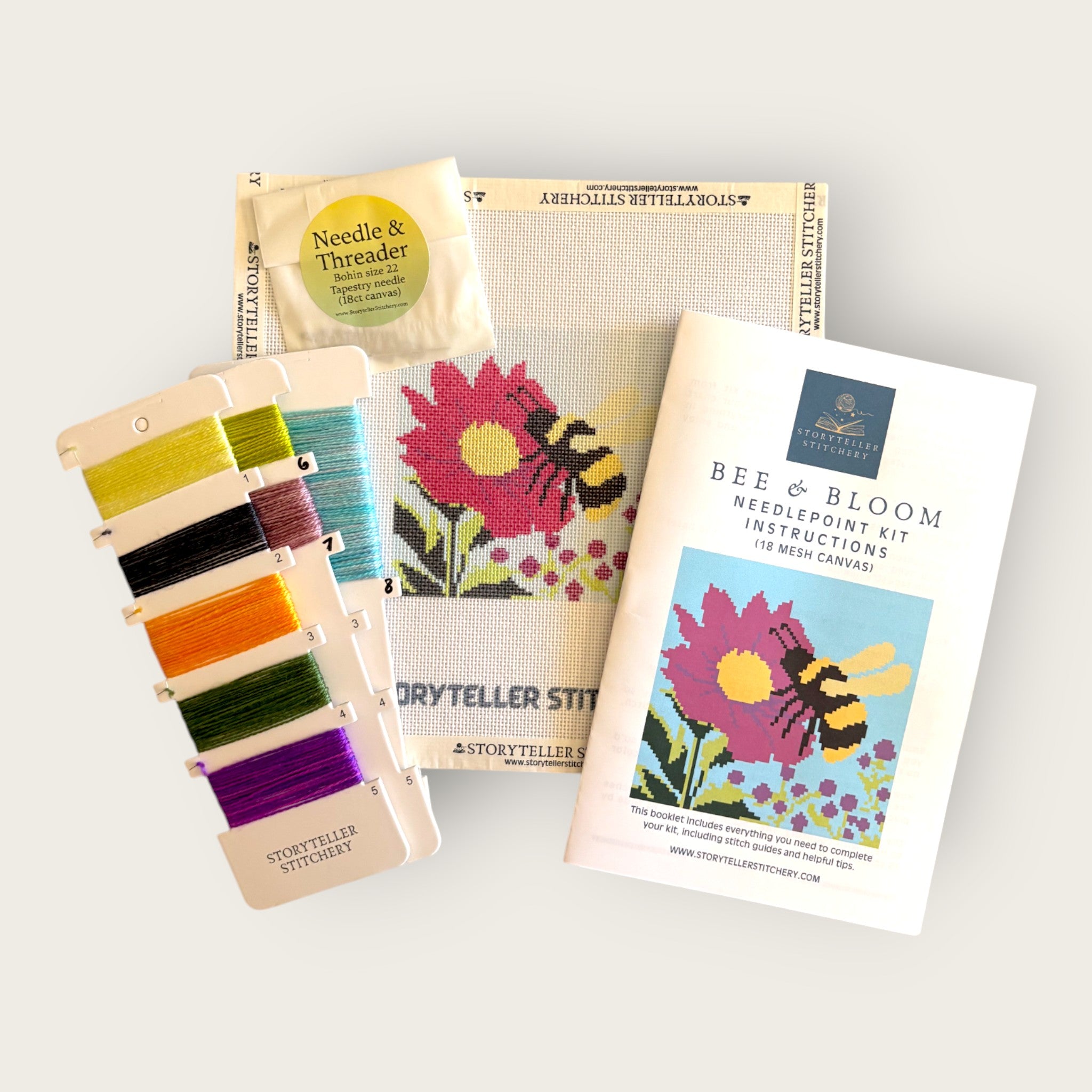 Bee & Bloom Needlepoint Kit — 18-ct Printed Canvas, Hand-Dyed Wool-Silk Thread