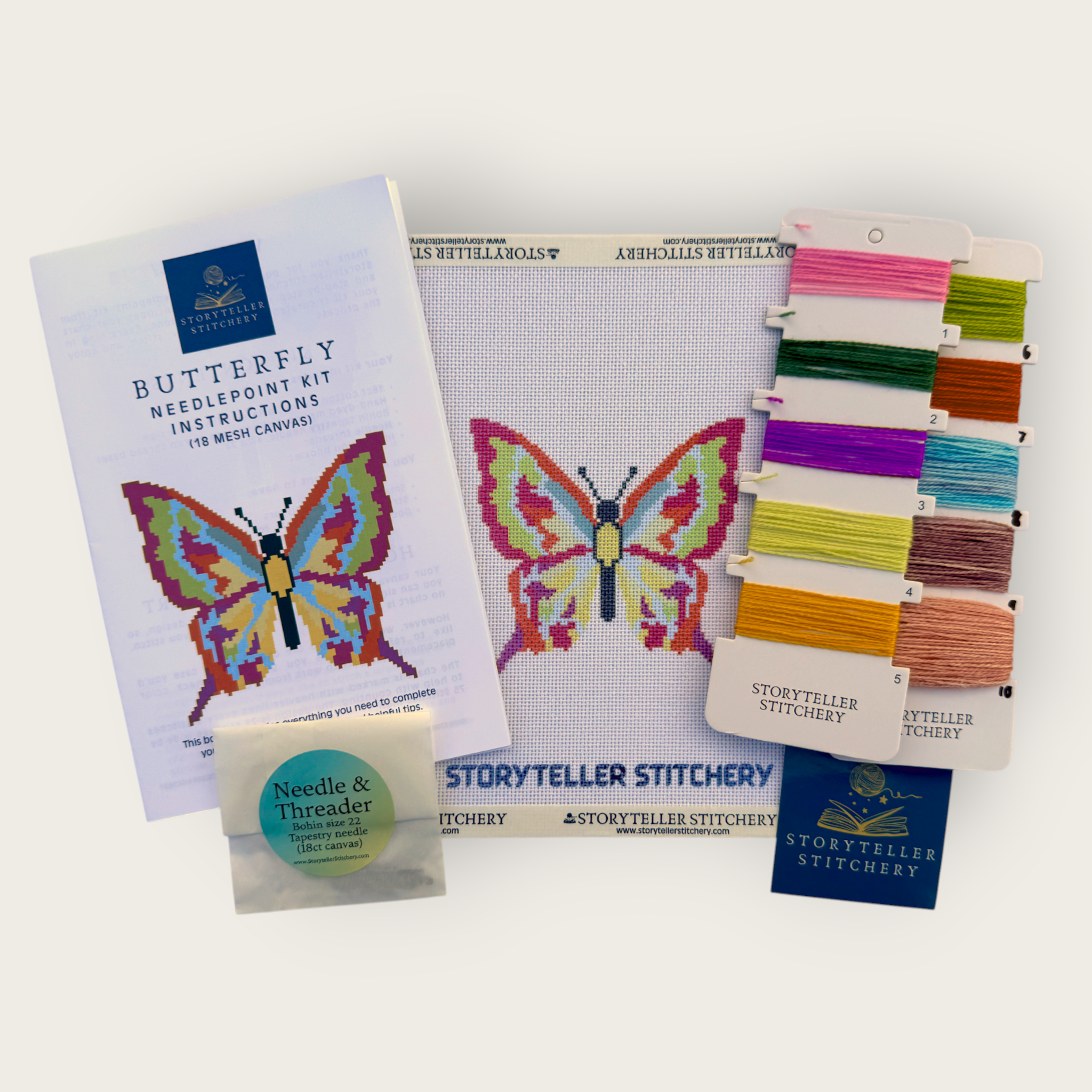 Butterfly Needlepoint Kit — 18-ct Printed Canvas, Hand-Dyed Wool-Silk Thread