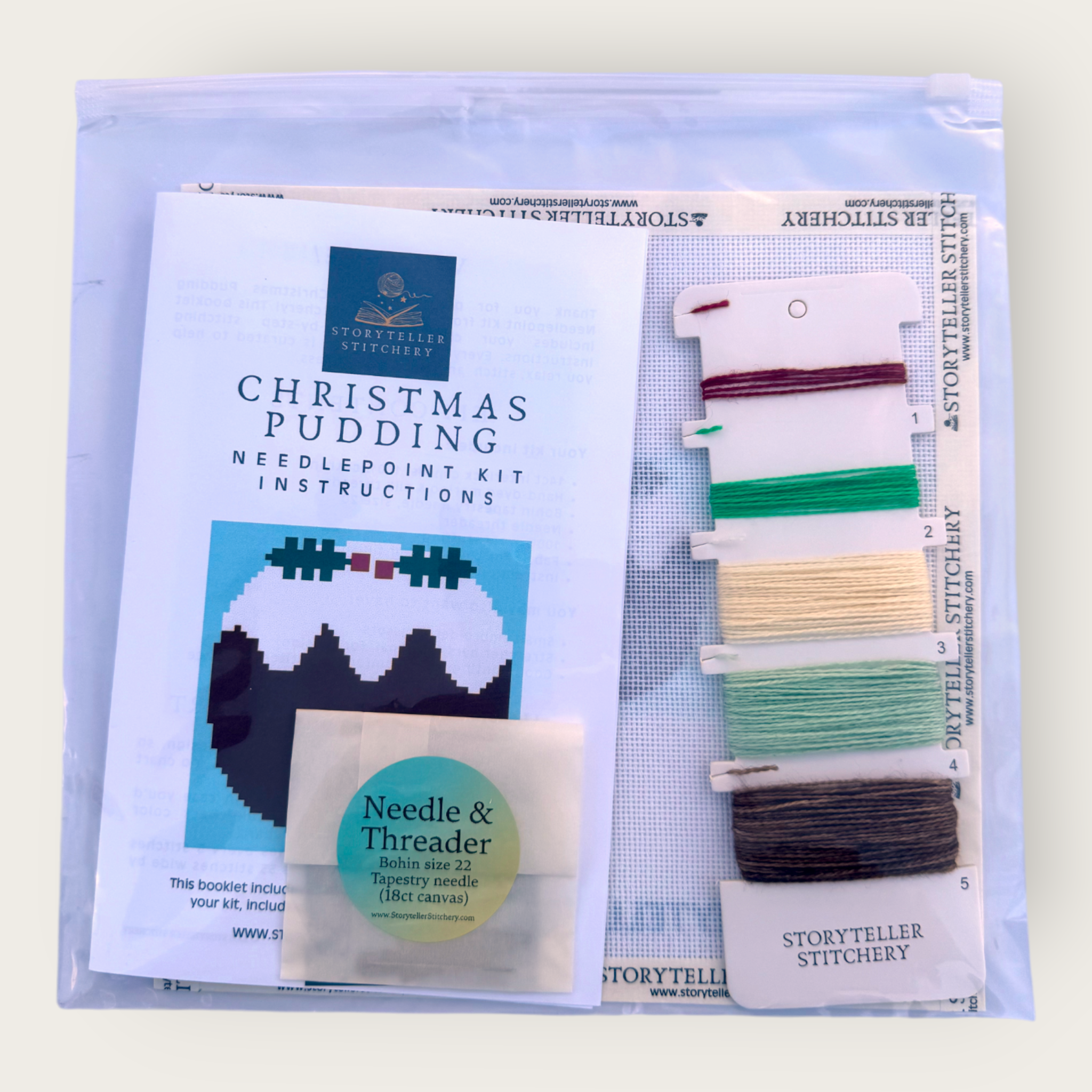 Christmas Pudding Mini Needlepoint Kit — 18-ct Printed Canvas, Hand-Dyed Wool-Silk Thread