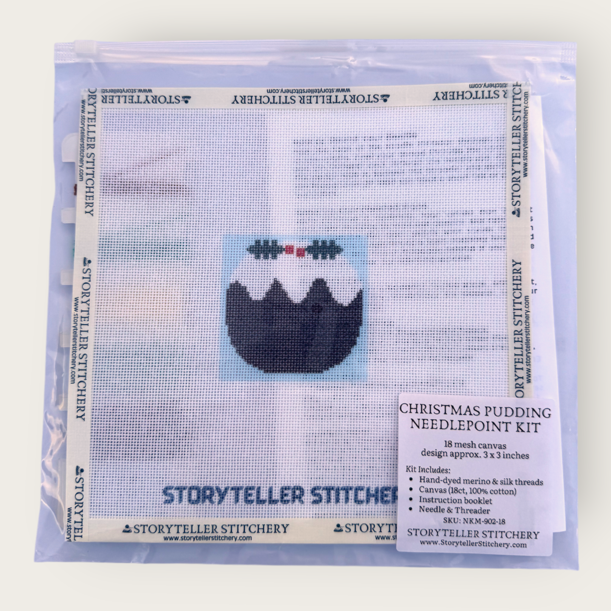 Christmas Pudding Mini Needlepoint Kit — 18-ct Printed Canvas, Hand-Dyed Wool-Silk Thread