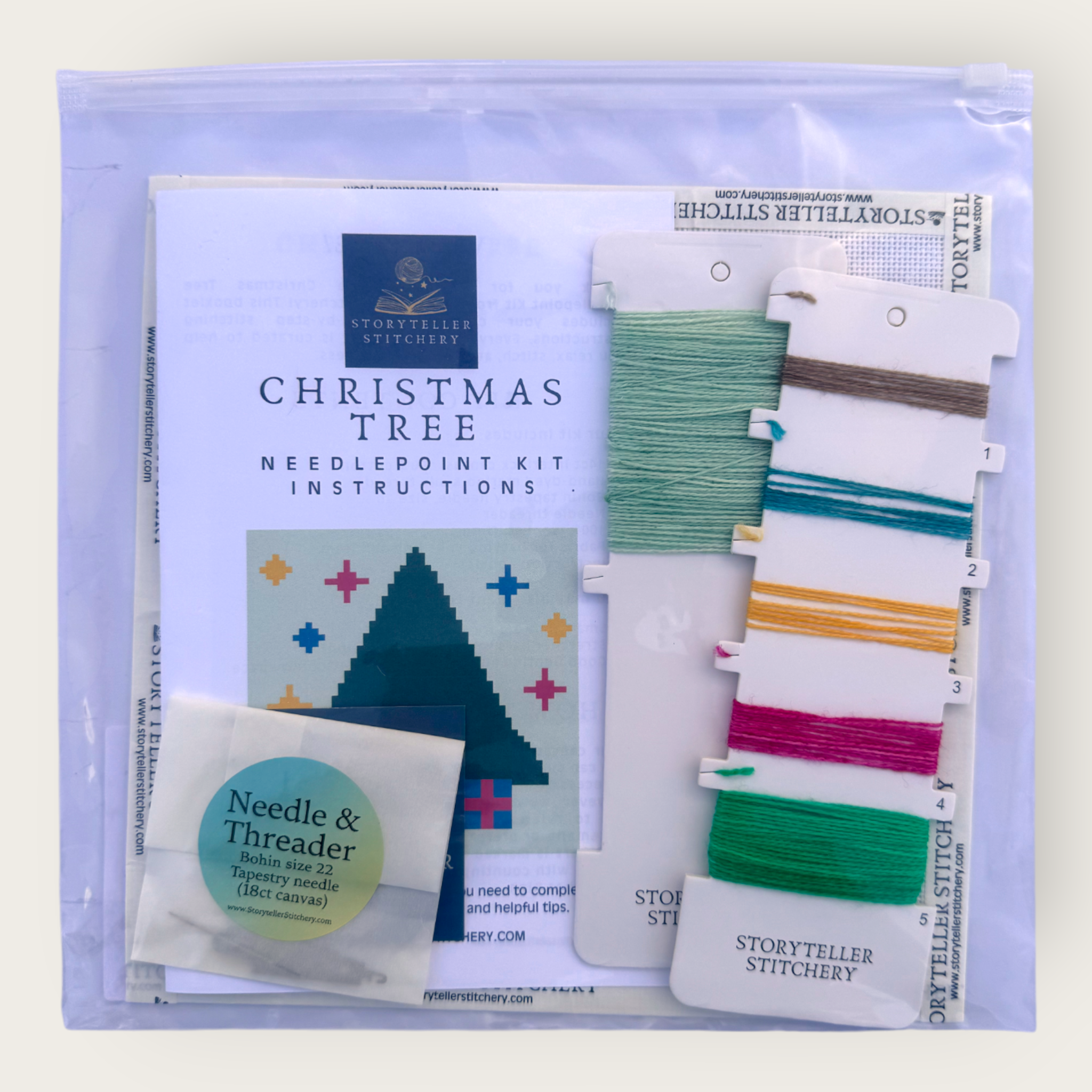 Christmas Tree Mini Needlepoint Kit — 18-ct Printed Canvas, Hand-Dyed Wool-Silk Thread