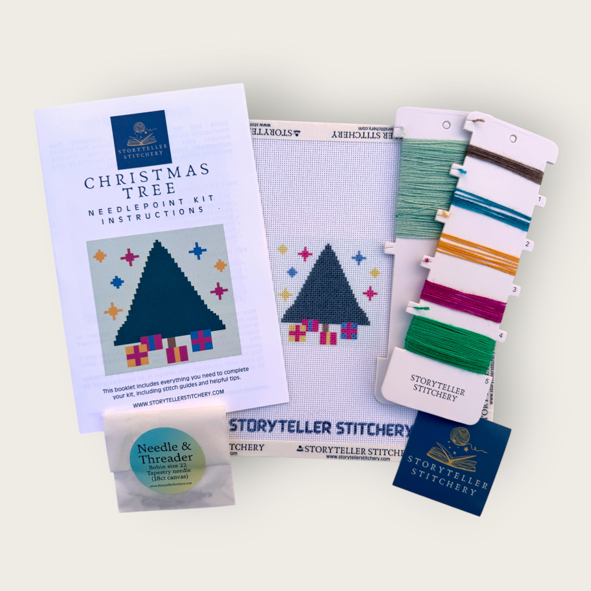 Christmas Tree Mini Needlepoint Kit — 18-ct Printed Canvas, Hand-Dyed Wool-Silk Thread