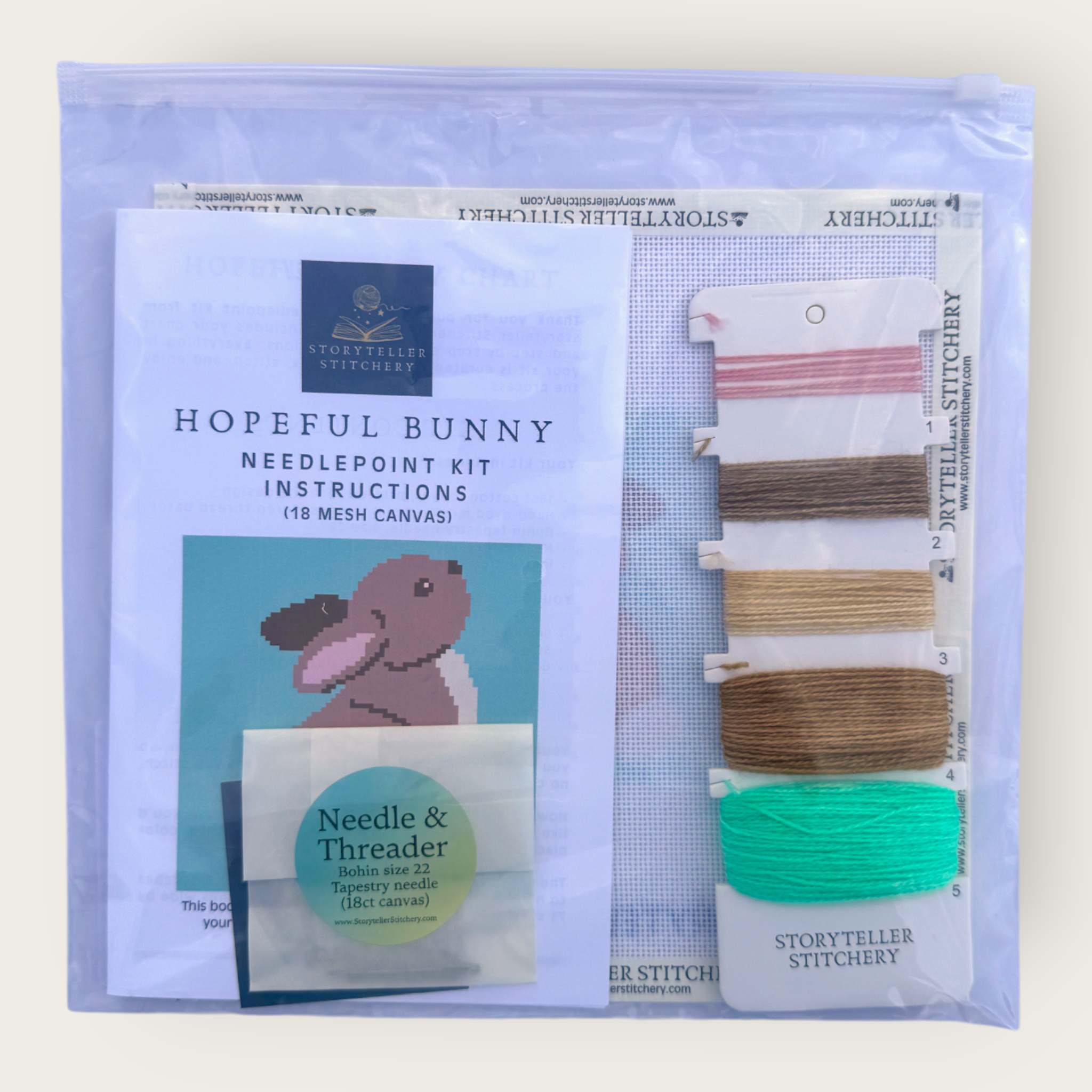 Hopeful Bunny Needlepoint Kit — 18-ct Printed Canvas, Hand-Dyed Wool-Silk Thread