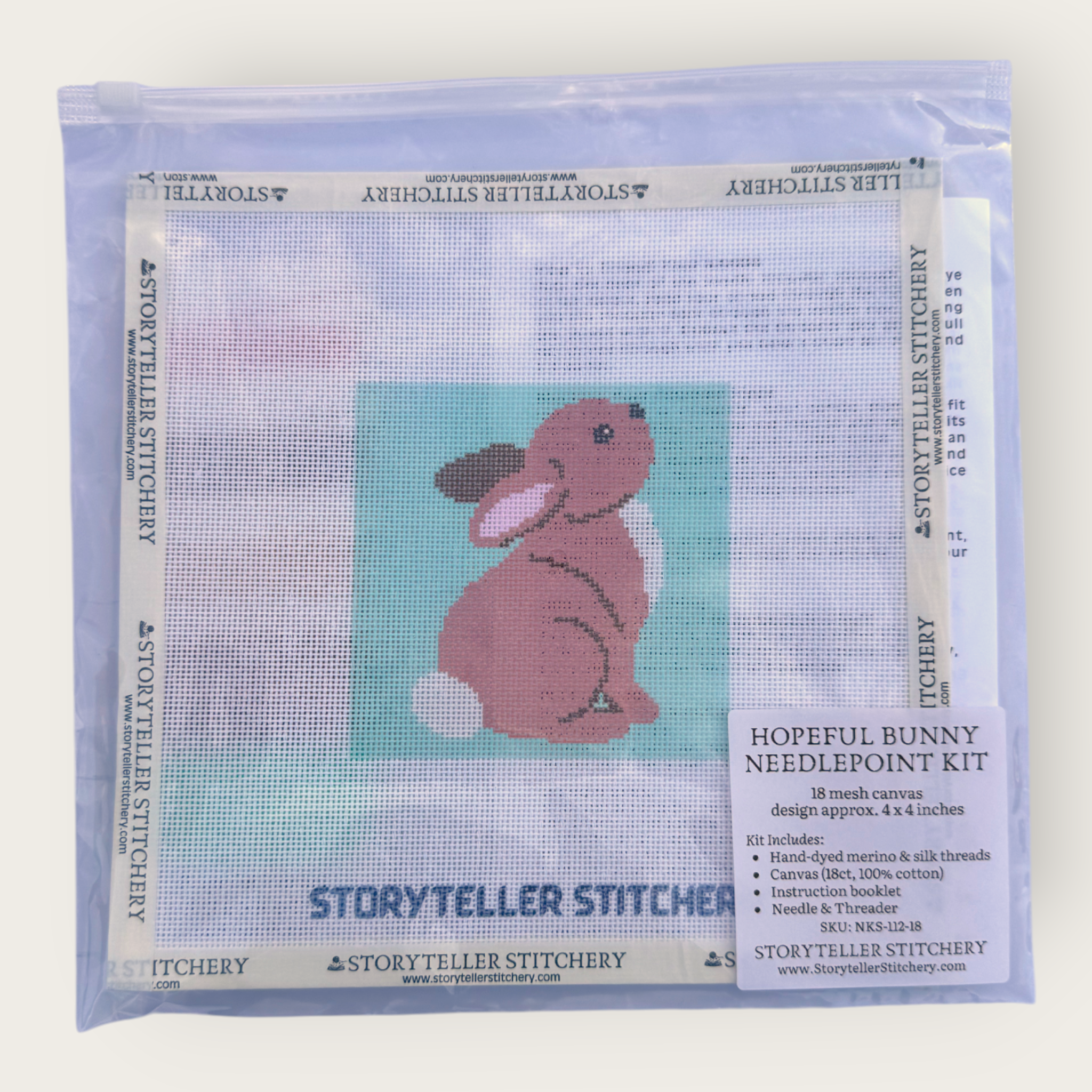 Hopeful Bunny Needlepoint Kit — 18-ct Printed Canvas, Hand-Dyed Wool-Silk Thread