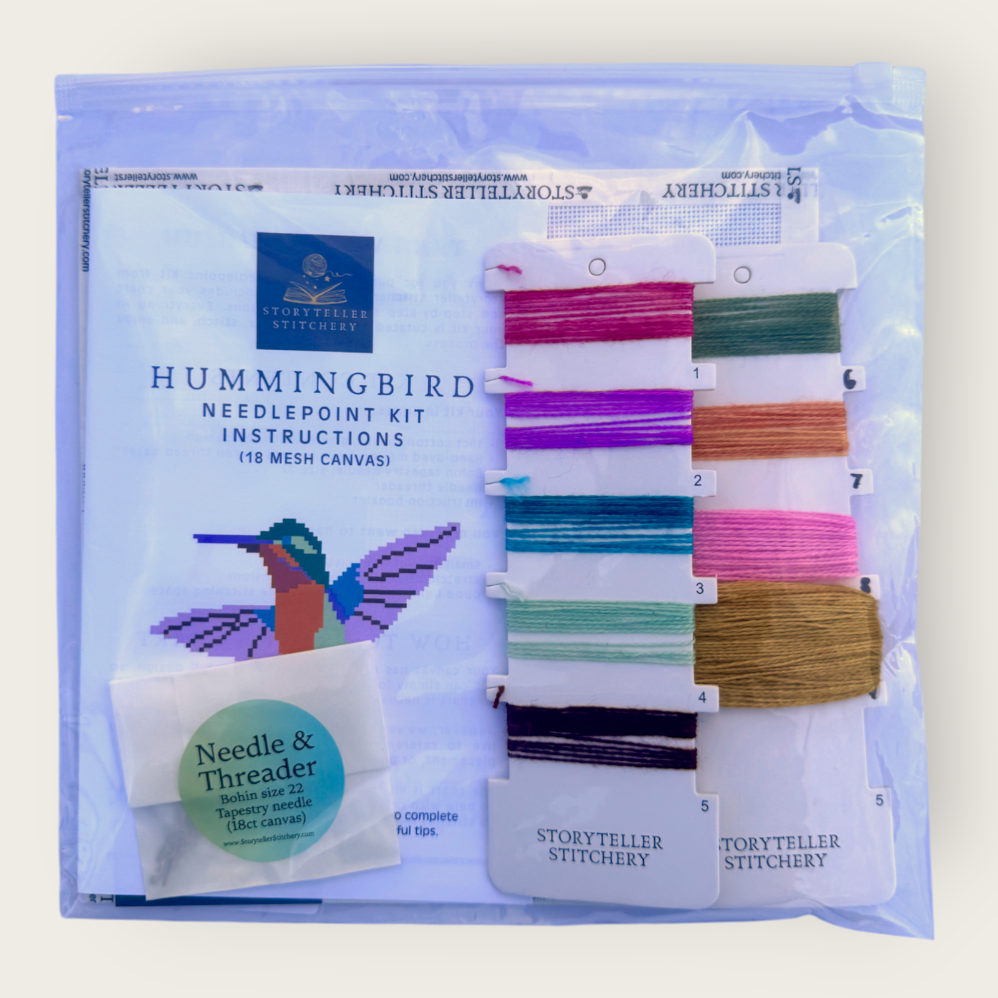 Hummingbird Needlepoint Kit — 18-ct Printed Canvas, Hand-Dyed Wool-Silk Thread
