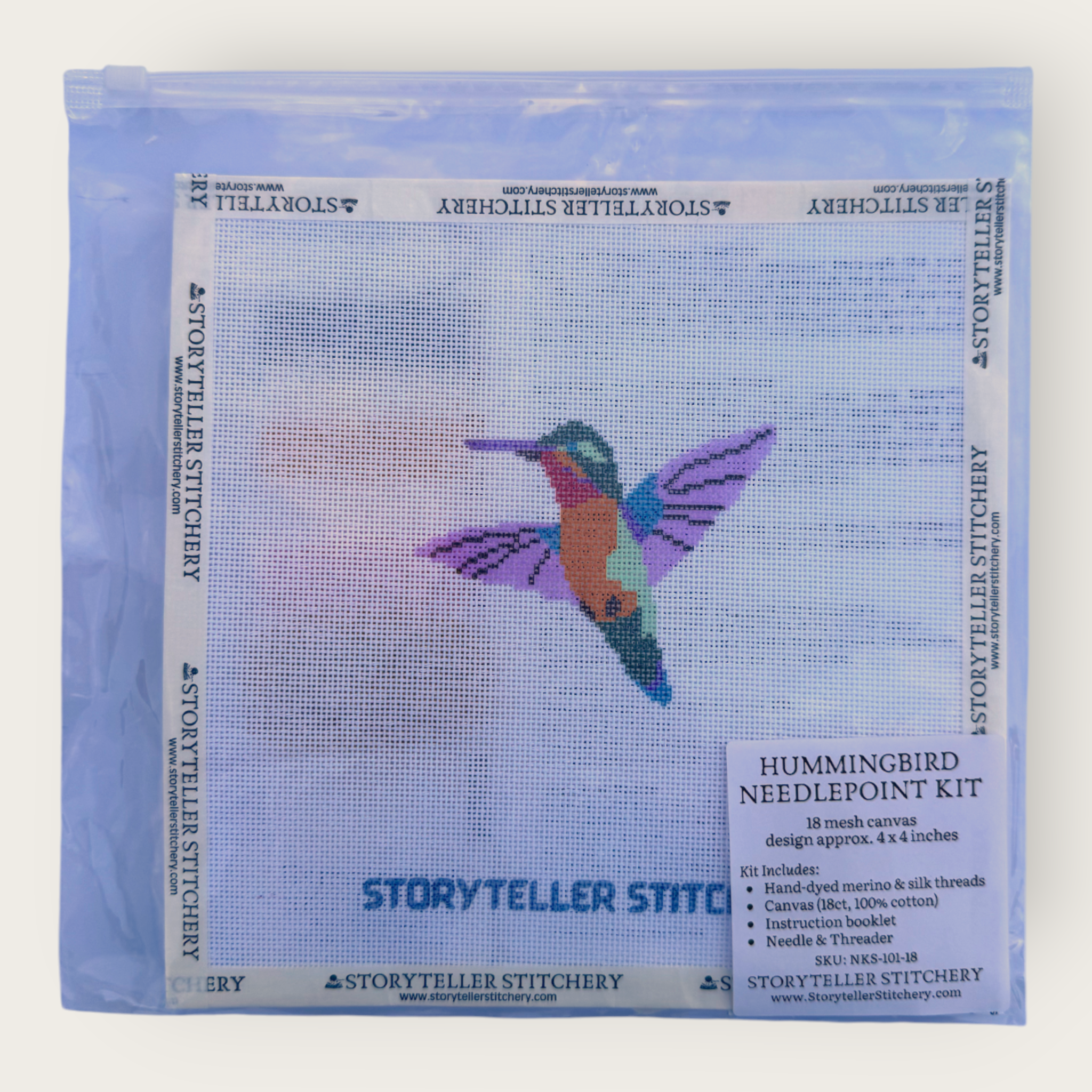 Hummingbird Needlepoint Kit — 18-ct Printed Canvas, Hand-Dyed Wool-Silk Thread