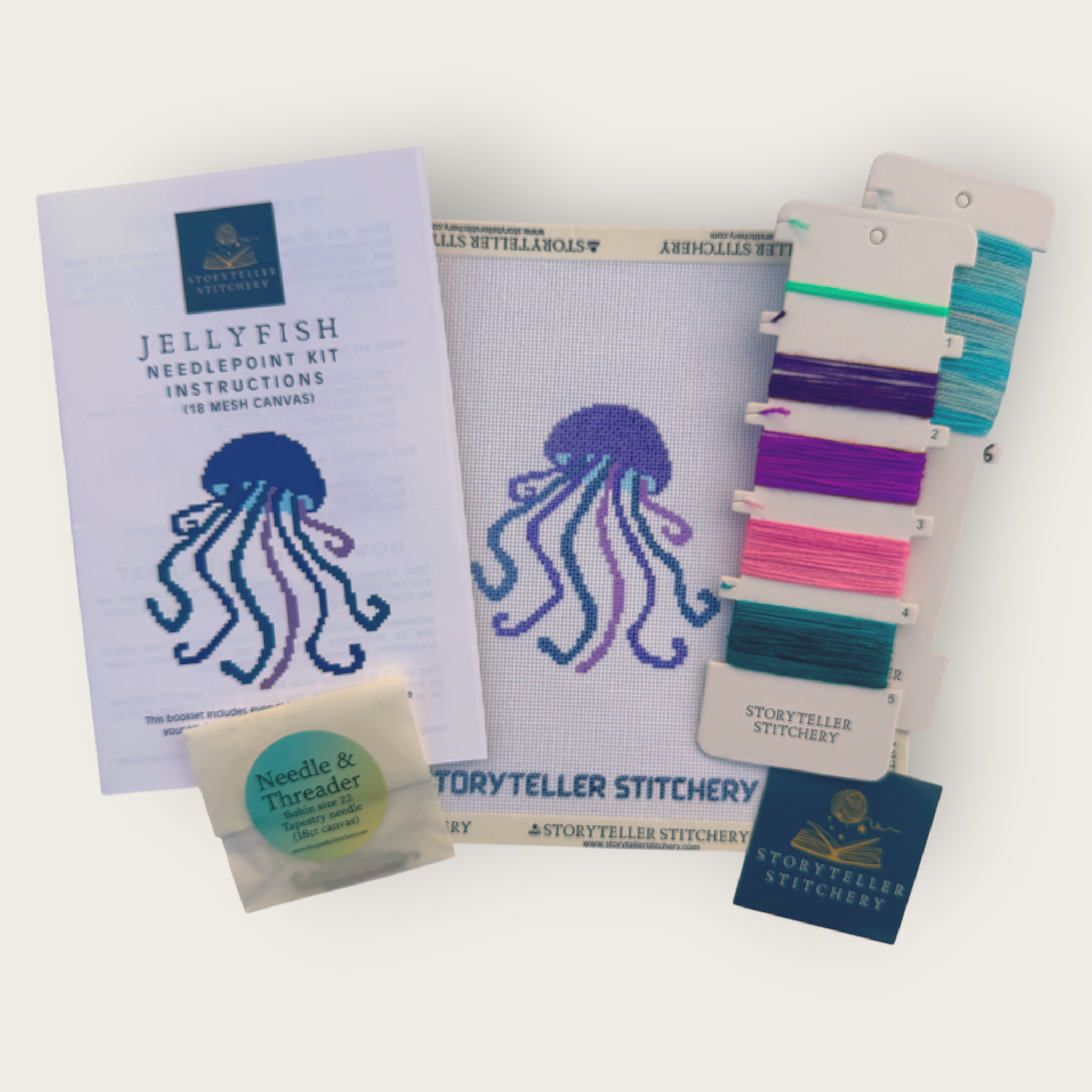 Jellyfish Needlepoint Kit — 18-ct Printed Canvas, Hand-Dyed Wool-Silk Thread