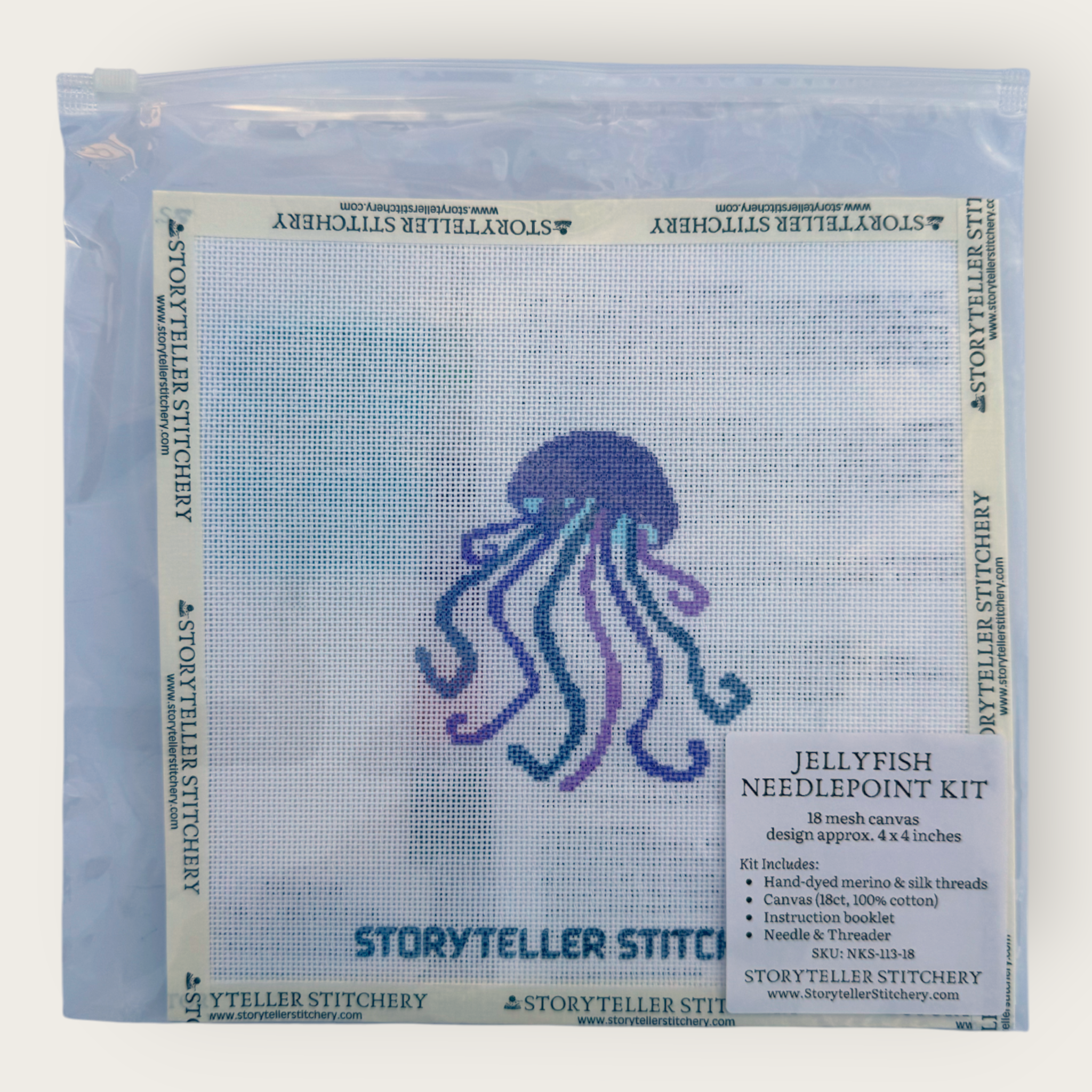 Jellyfish Needlepoint Kit — 18-ct Printed Canvas, Hand-Dyed Wool-Silk Thread