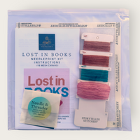 Lost in Books Needlepoint Kit — 18-ct Printed Canvas, Hand-Dyed Wool-Silk Thread