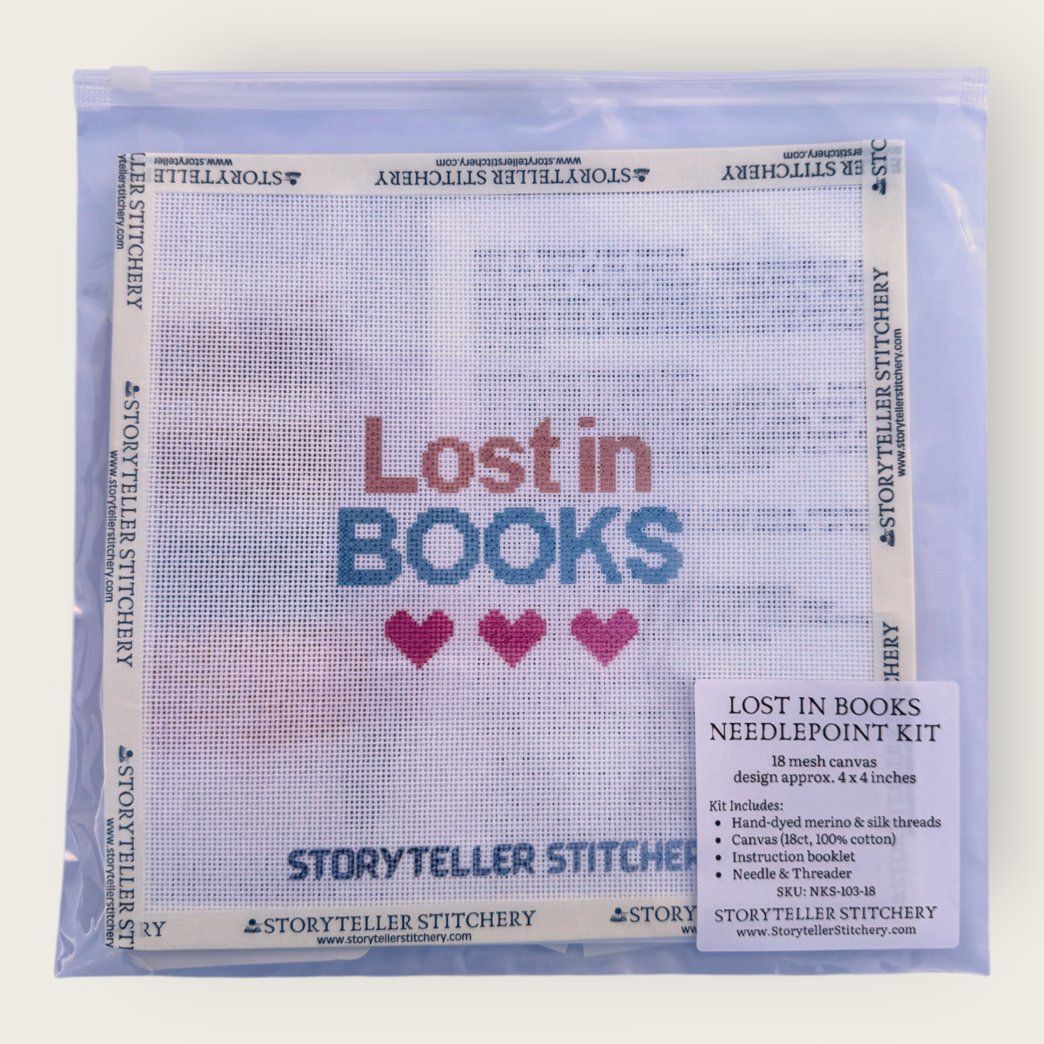 Lost in Books Needlepoint Kit — 18-ct Printed Canvas, Hand-Dyed Wool-Silk Thread