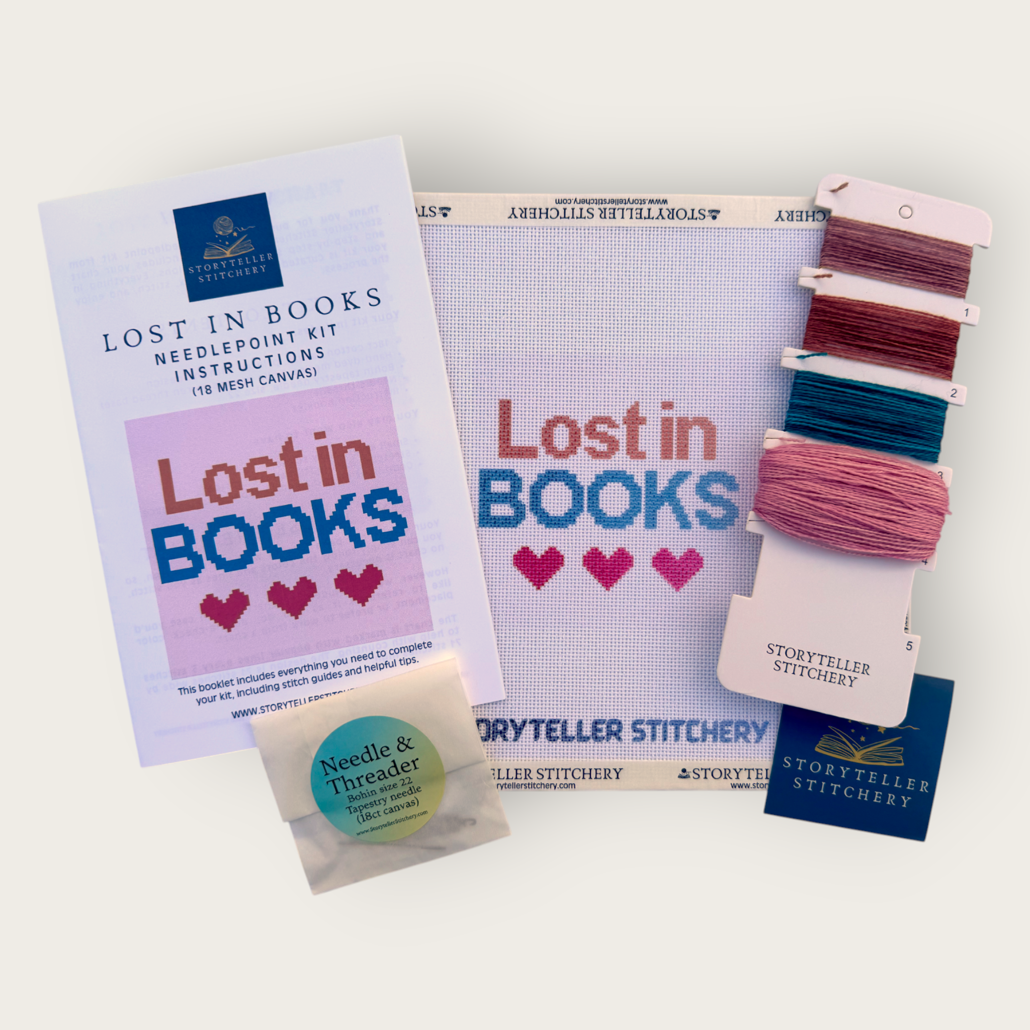 Lost in Books Needlepoint Kit — 18-ct Printed Canvas, Hand-Dyed Wool-Silk Thread