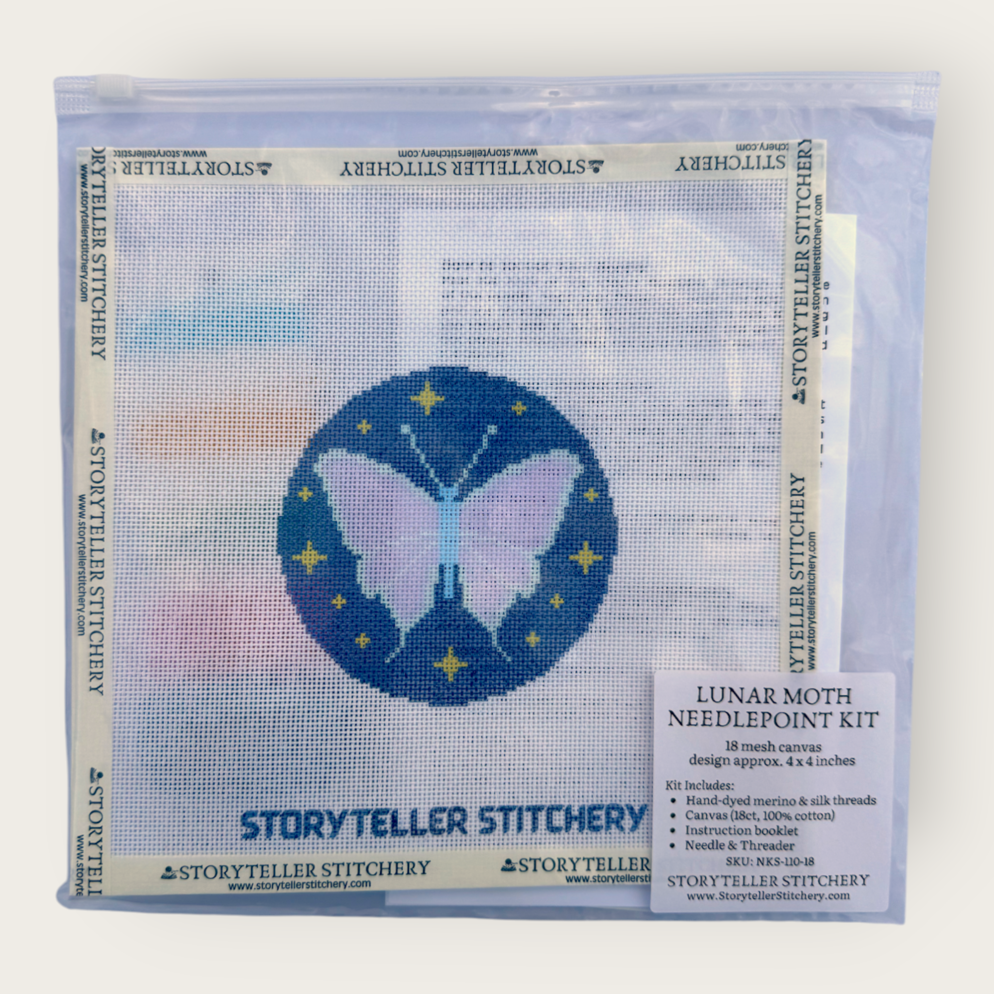 Lunar Moth Needlepoint Kit — 18-ct Printed Canvas, Hand-Dyed Wool-Silk Thread