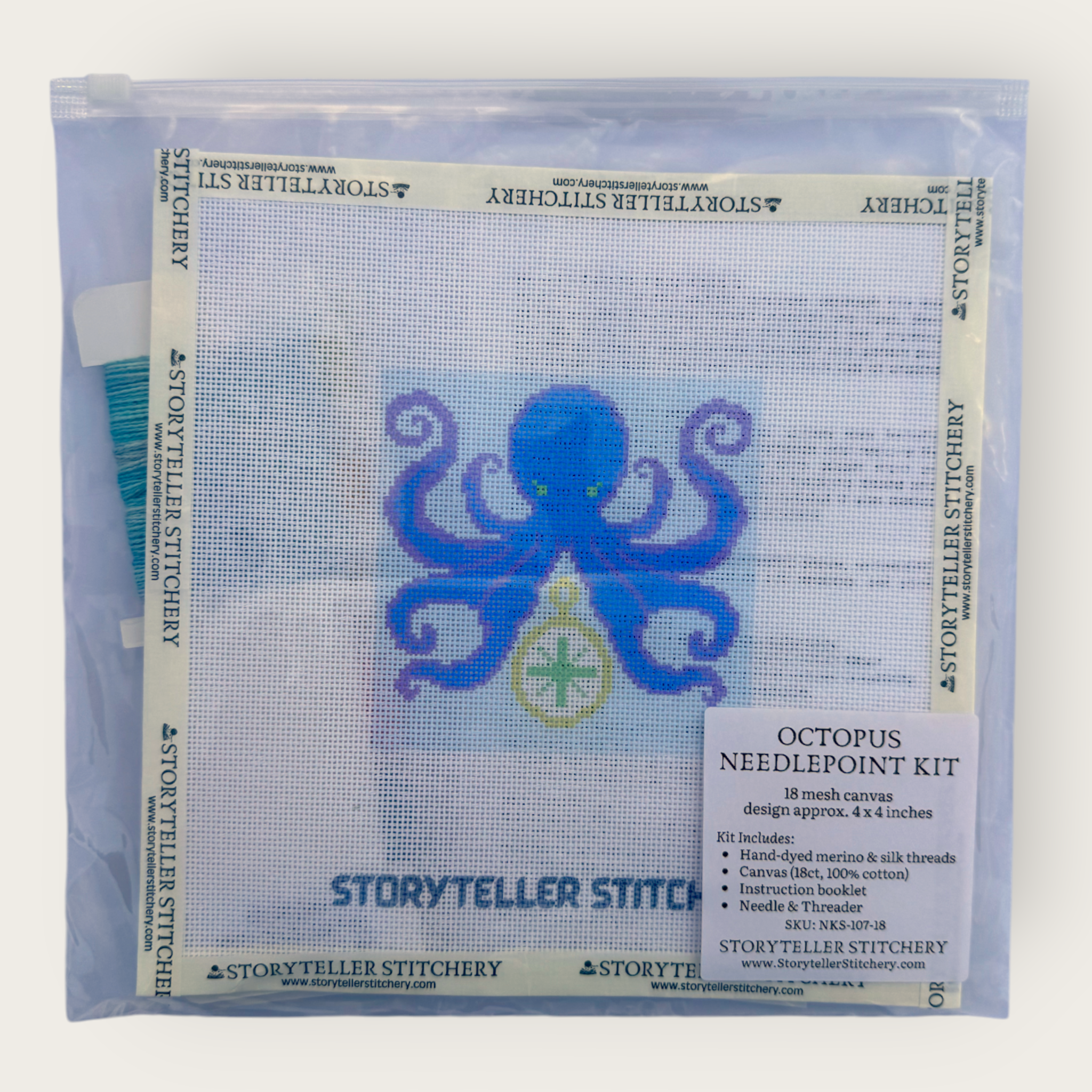 Octopus Needlepoint Kit — 18-ct Printed Canvas, Hand-Dyed Wool-Silk Thread