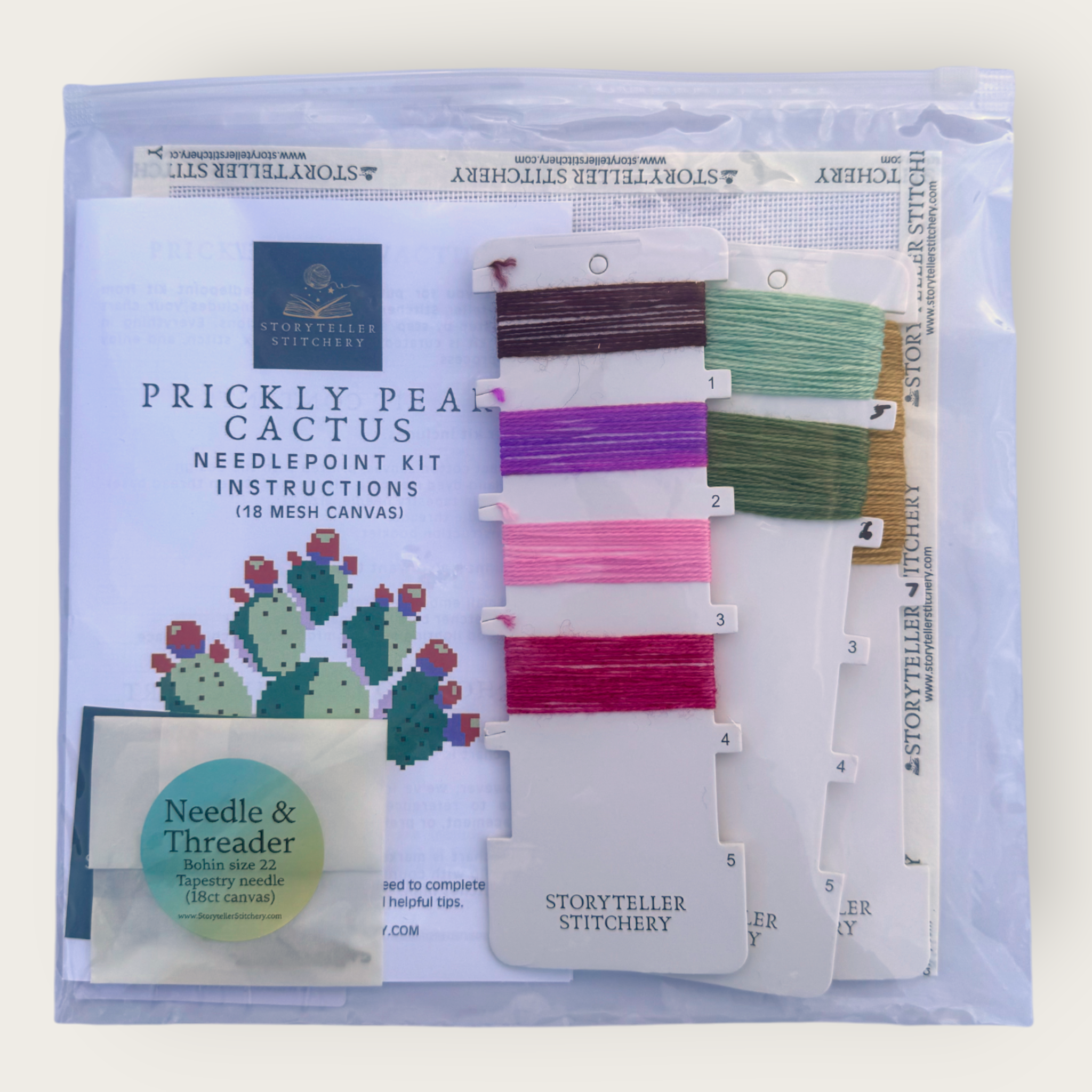 Prickly Pear Needlepoint Kit — 18-ct Printed Canvas, Hand-Dyed Wool-Silk Thread