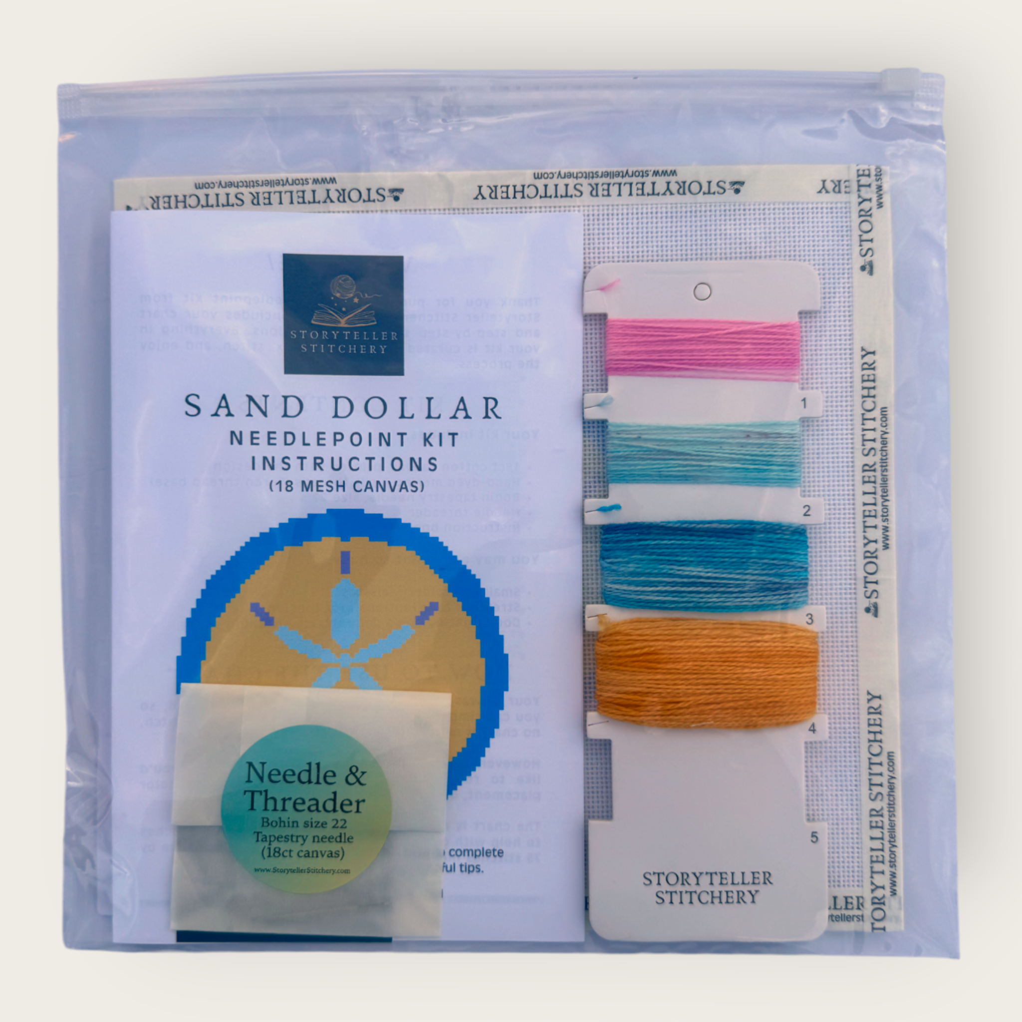 Sand Dollar Needlepoint Kit — 18-ct Printed Canvas, Hand-Dyed Wool-Silk Thread