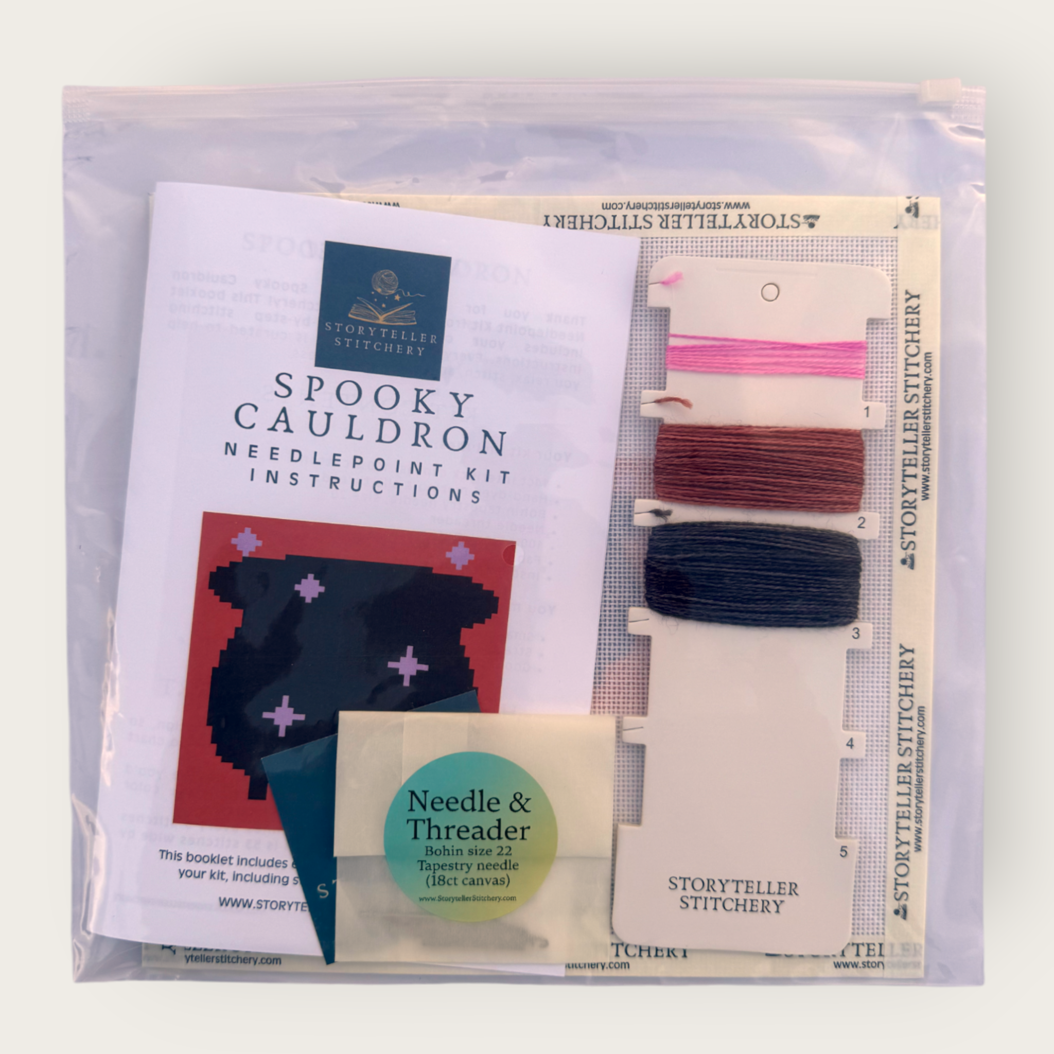 Cauldron Mini Needlepoint Kit — 18-ct Printed Canvas, Hand-Dyed Wool-Silk Thread
