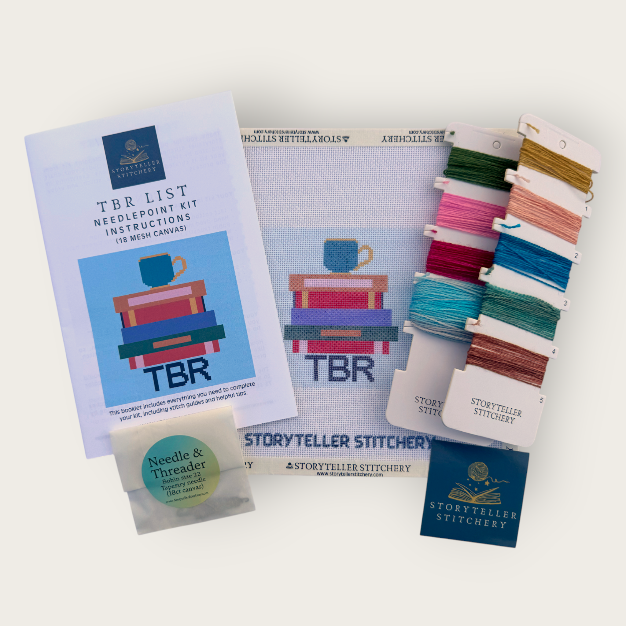 TBR List Needlepoint Kit — 18-ct Printed Canvas, Hand-Dyed Wool-Silk Thread