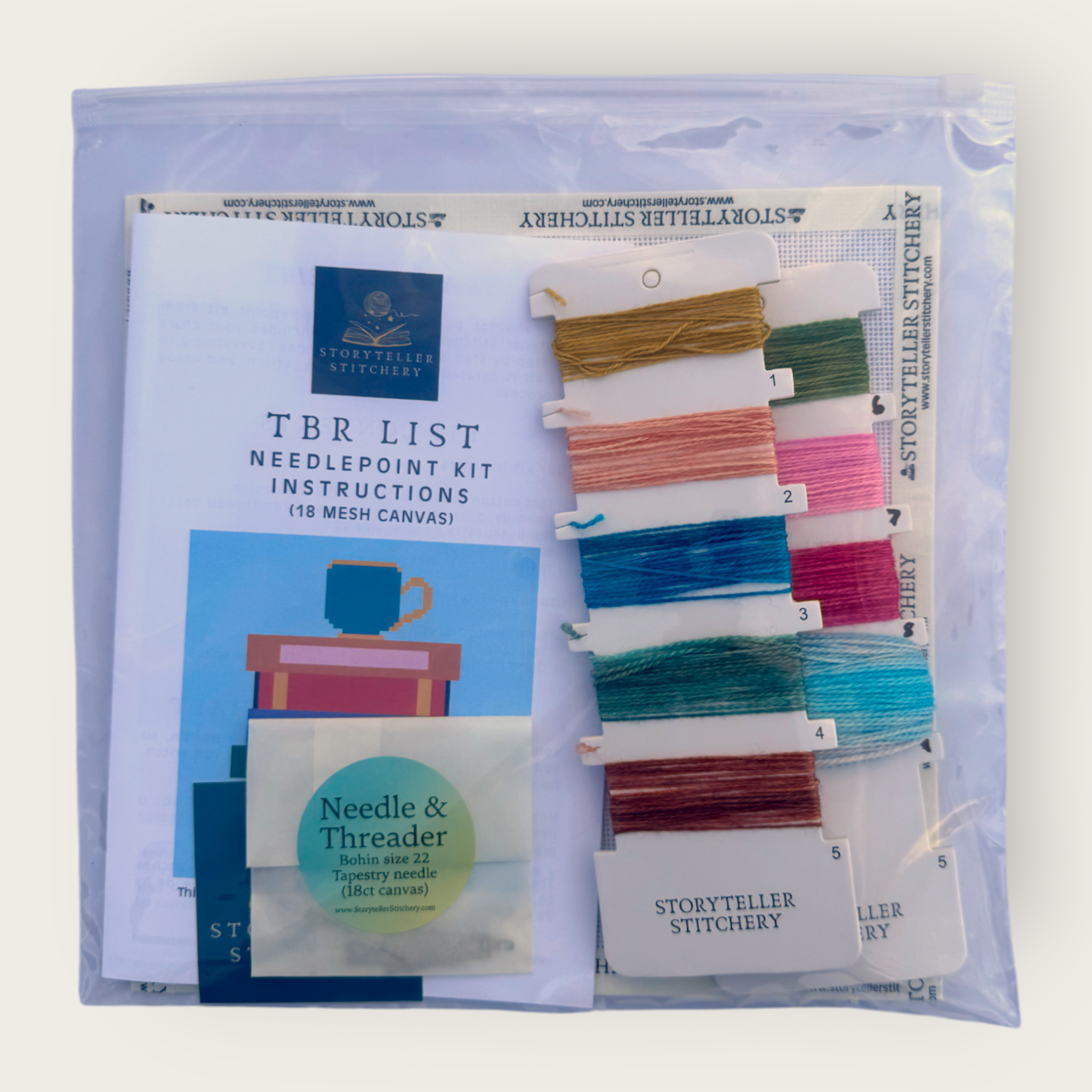 TBR List Needlepoint Kit — 18-ct Printed Canvas, Hand-Dyed Wool-Silk Thread
