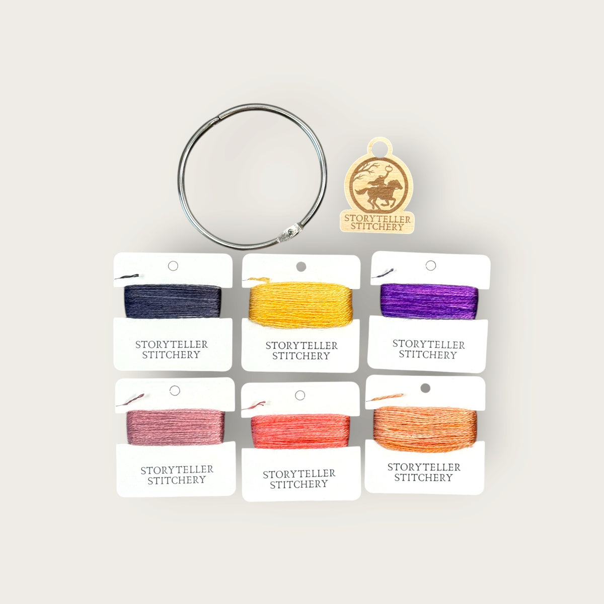 Headless Horseman Thread Set in Moonspun silk: six hand-dyed thread cards in black, gold, purple, orange, and copper