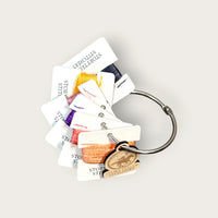 Headless Horseman hand-dyed thread cards in black, purple, gold, orange, and copper with a silver ring and horseman charm