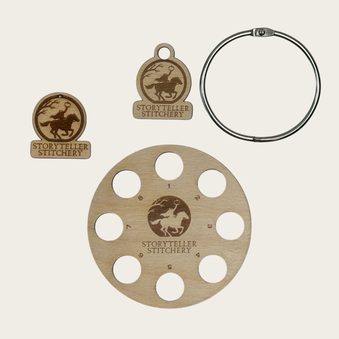   Headless Horseman Stitching Set: engraved birch needle minder, 8-hole thread organizer, and silver ring with charm