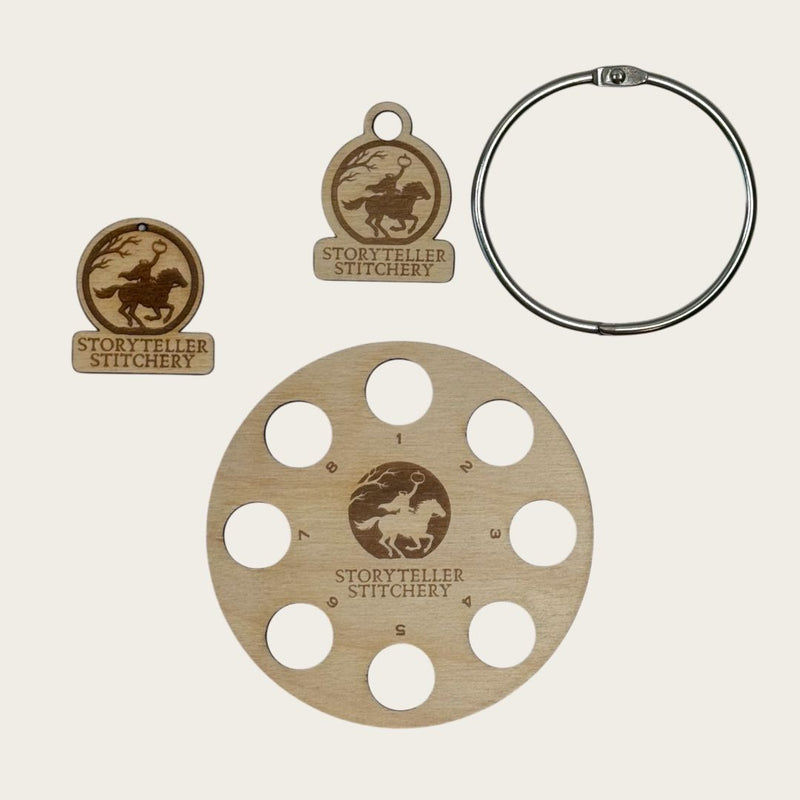   Headless Horseman Stitching Set: engraved birch needle minder, 8-hole thread organizer, and silver ring with charm