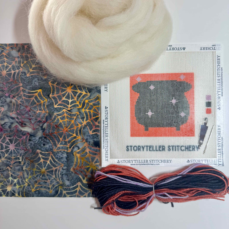 Spooky Cauldron Mini Needlepoint Kit – Wool-Stuffed Ornament or Pincushion