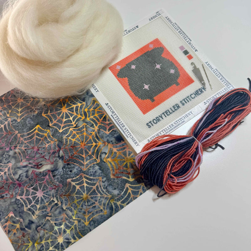 Spooky Cauldron Mini Needlepoint Kit – Wool-Stuffed Ornament or Pincushion